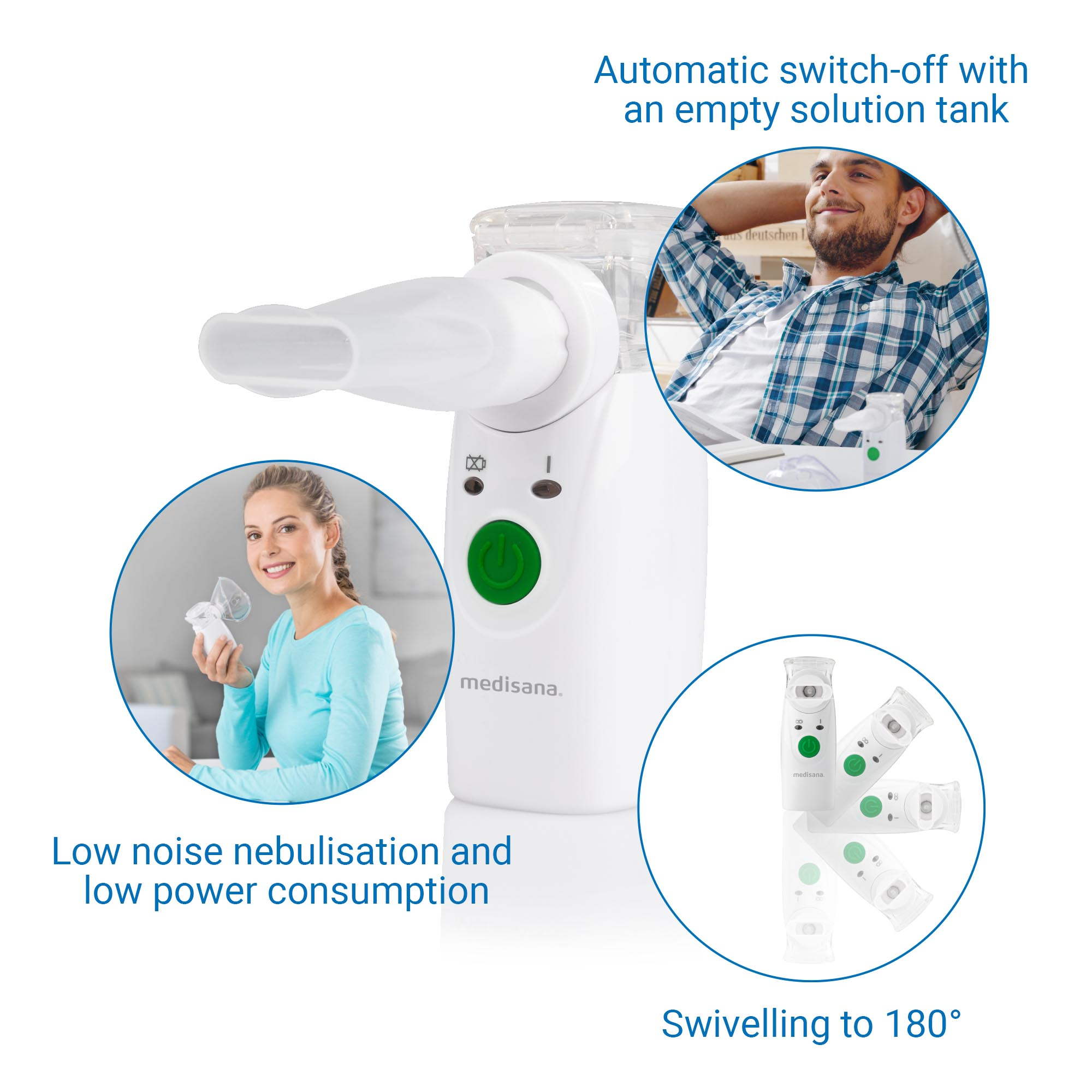 Biały nebulizator z ustnikiem. Obraz zawiera okrągłe wstawki pokazujące użycie i funkcje.