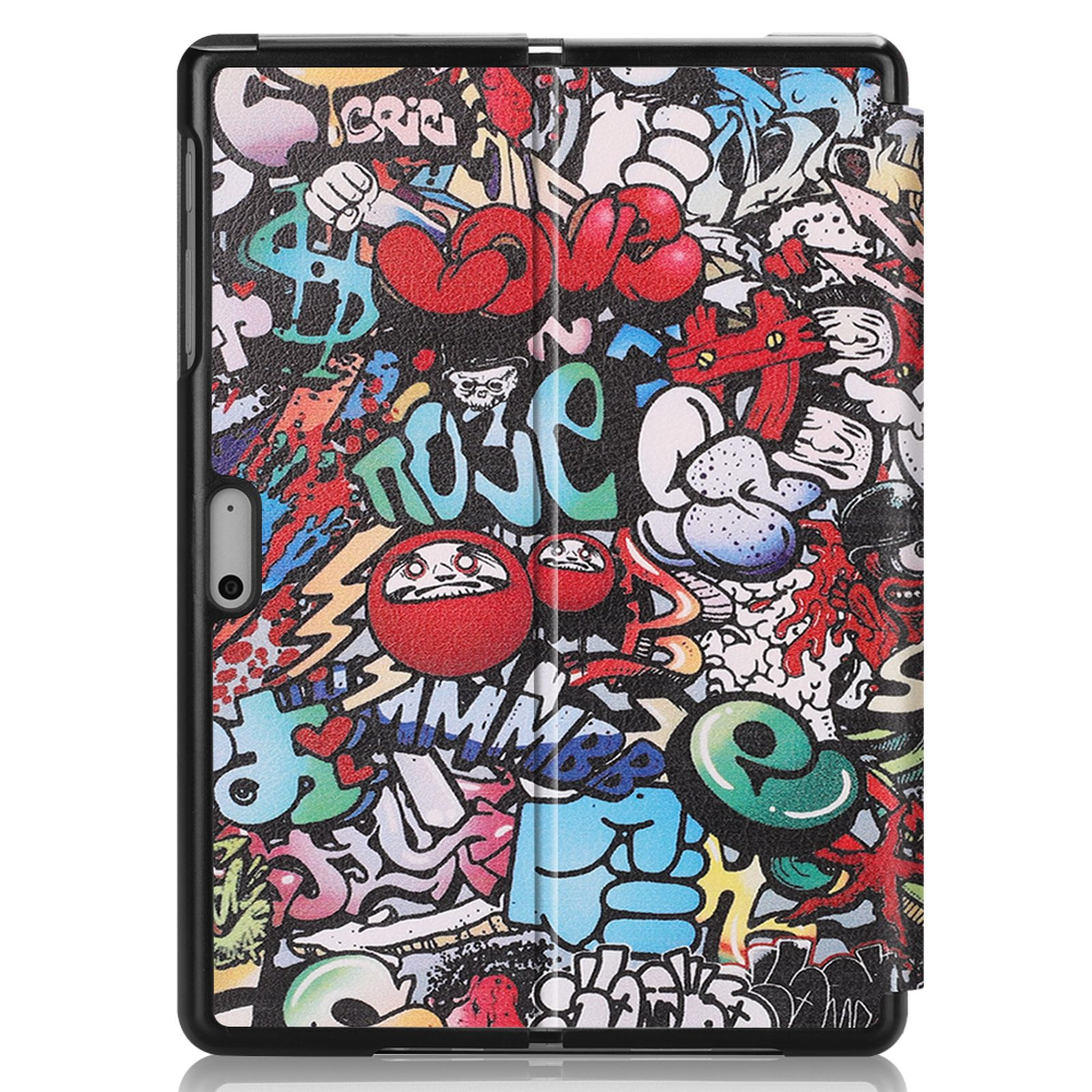 Tablet-Hülle mit farbenfrohem Graffiti-Design. Das Tablet ist teilweise sichtbar, mit schwarzem Rahmen.