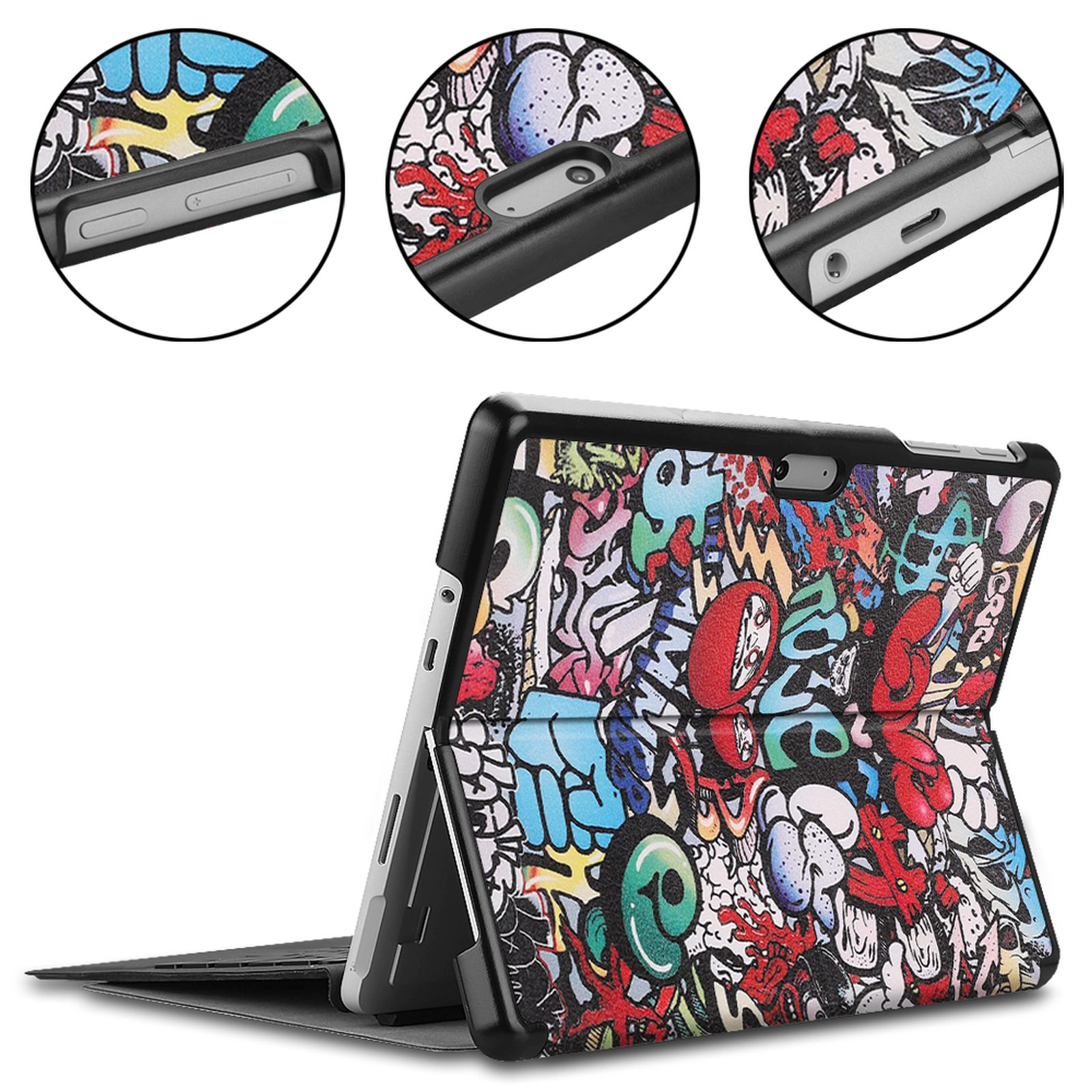 Tablet mit Graffiti-Hülle, drei kreisförmige Detailansichten. Die Hülle ist offen.