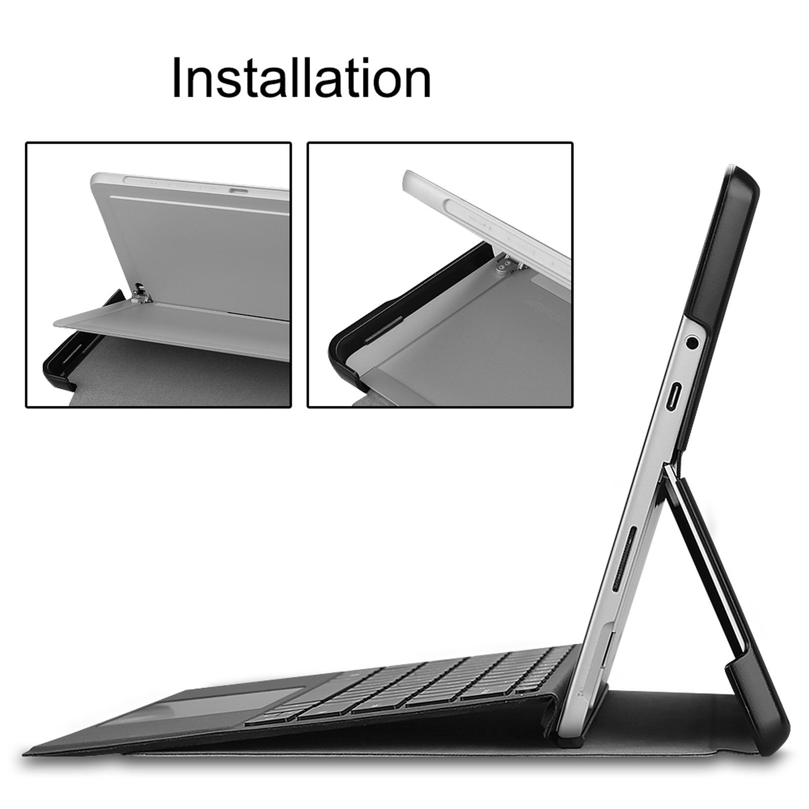Tablet mit geöffneter Tastaturhülle, Installationsanweisungen mit Text.