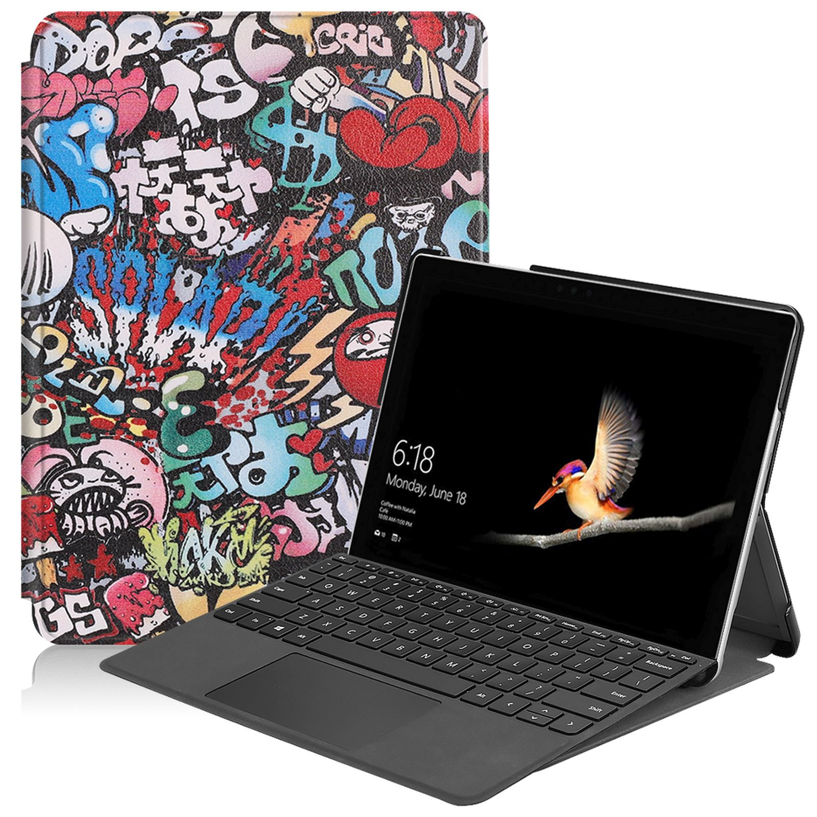 Ein Tablet mit Graffiti-Hülle und Tastatur. Der Bildschirm zeigt einen Vogel.