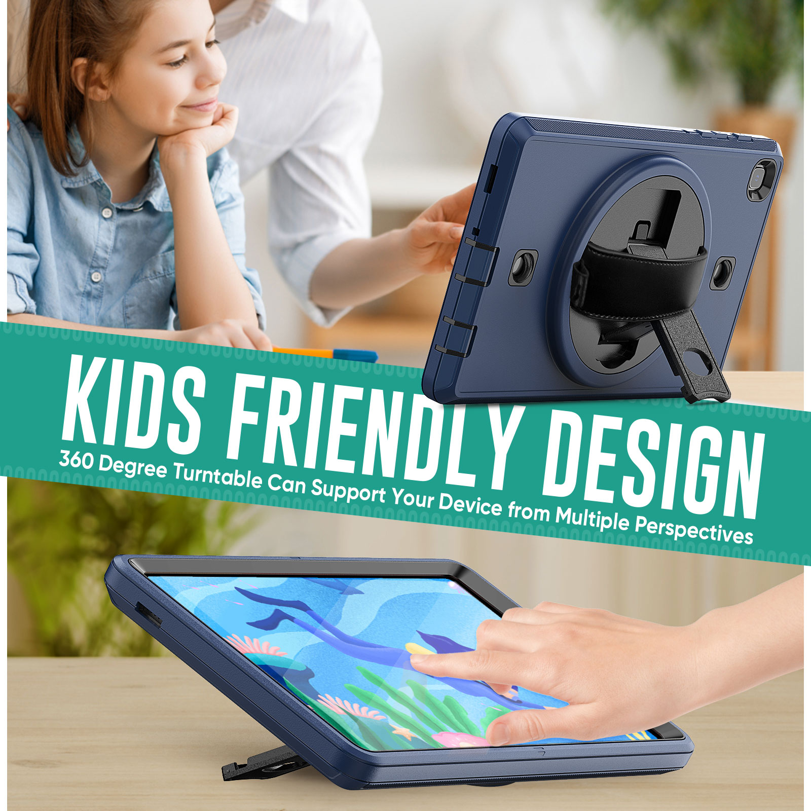 Tablet in blauem Gehäuse, mit Kind und Person. Text: Kinderfreundliches Design, 360-Grad-Drehteller, mehrere Perspektiven.