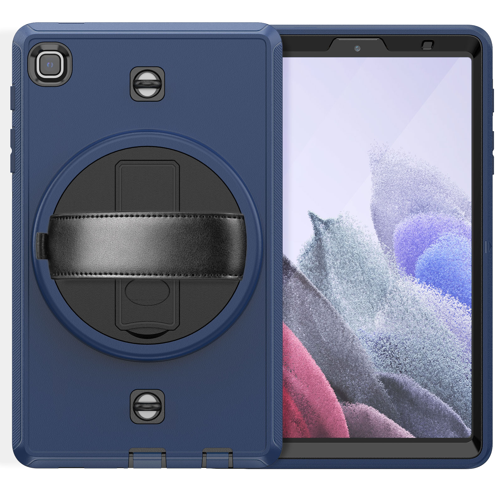 Blaue Tablet-Hülle, schwarzer Griff und Tablet-Bildschirm. Weißer Hintergrund.