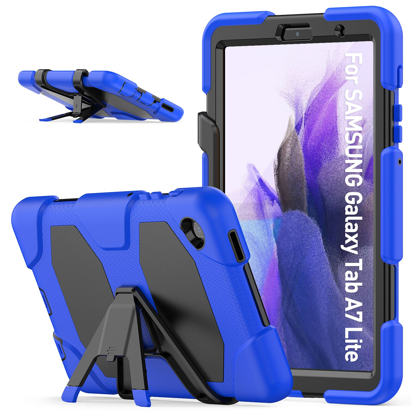 Blau-schwarze Tablethülle mit Ständer. Text 'For SAMSUNG Galaxy Tab A7 Lite'.