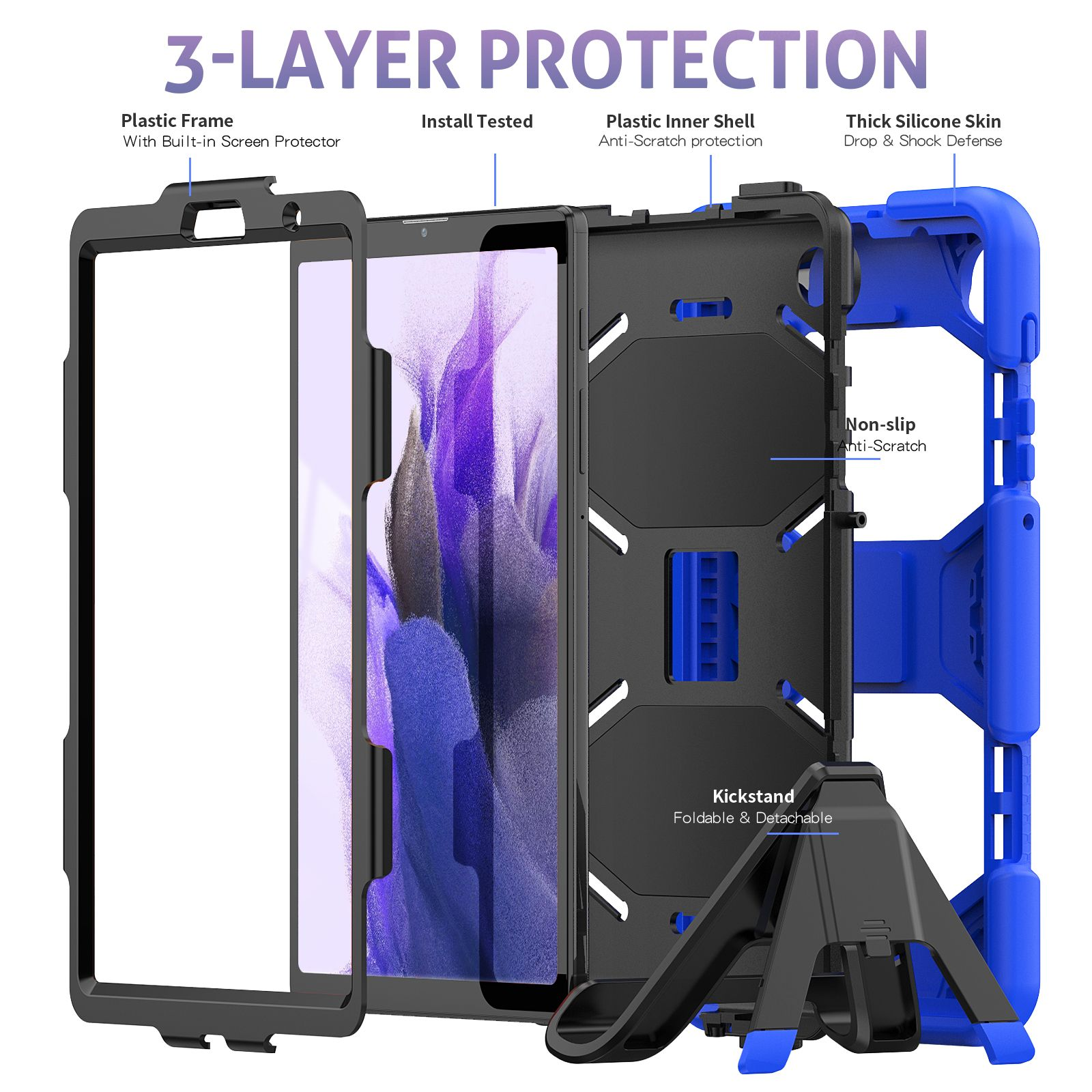 Schwarze, blaue und transparente Schutzhülle für ein Tablet, mit Etiketten. Weißer Hintergrund.