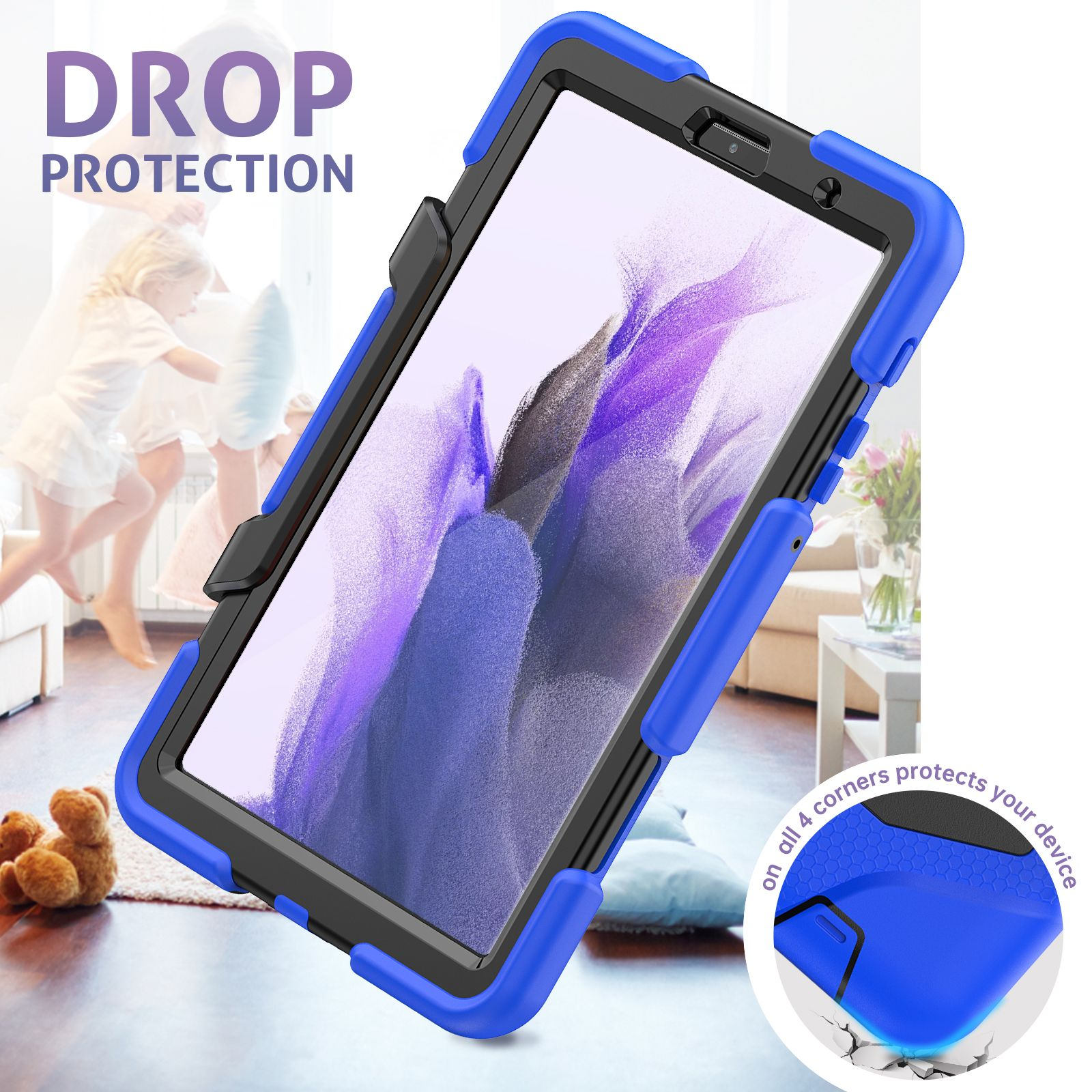 Eine blau-schwarze Tablet-Hülle mit einem Kind, das im Hintergrund rennt. Text: DROP PROTECTION.