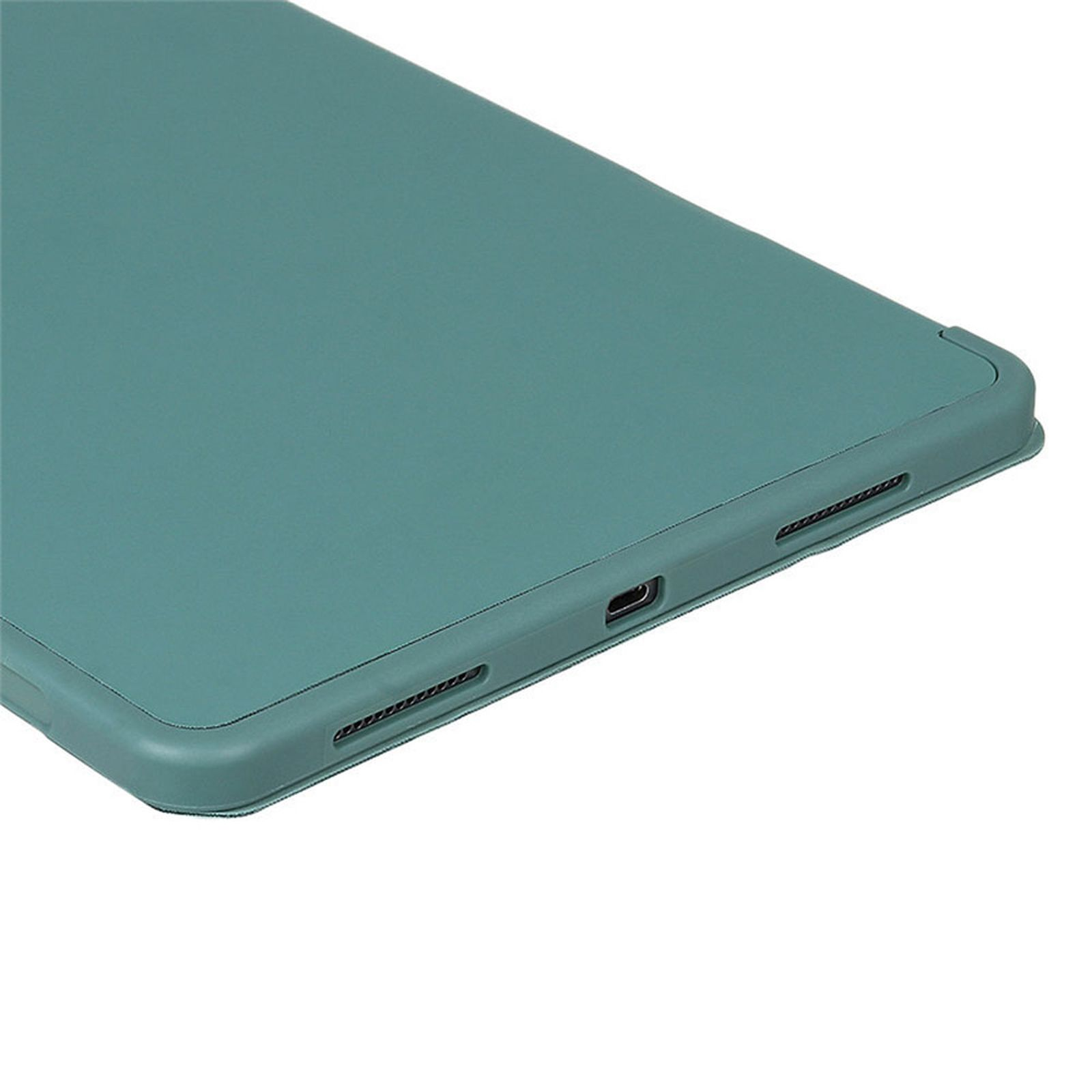 Nahaufnahme einer tealfarbenen Tablet-Ecke, Ladeanschluss und Lüftungsschlitze.