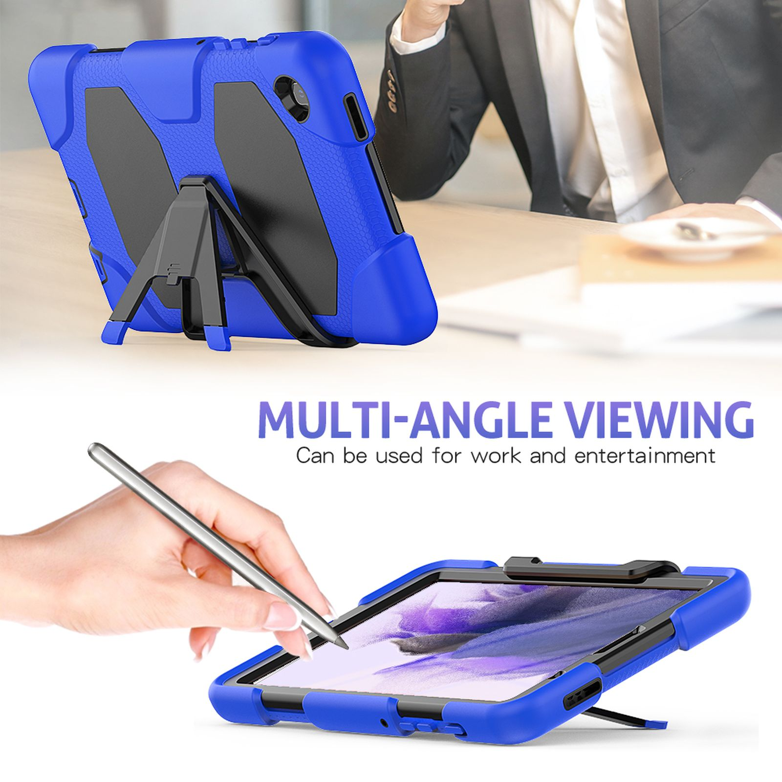 Blaue Tablethülle mit Ständer und Stift, mit Beschreibung der Multi-Winkel-Ansicht.