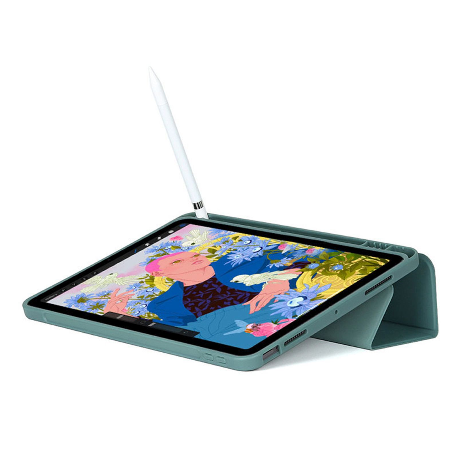 Tablet in Hülle, aufgestellt. Stift neben dem Bildschirm. Kunst auf dem Bildschirm.