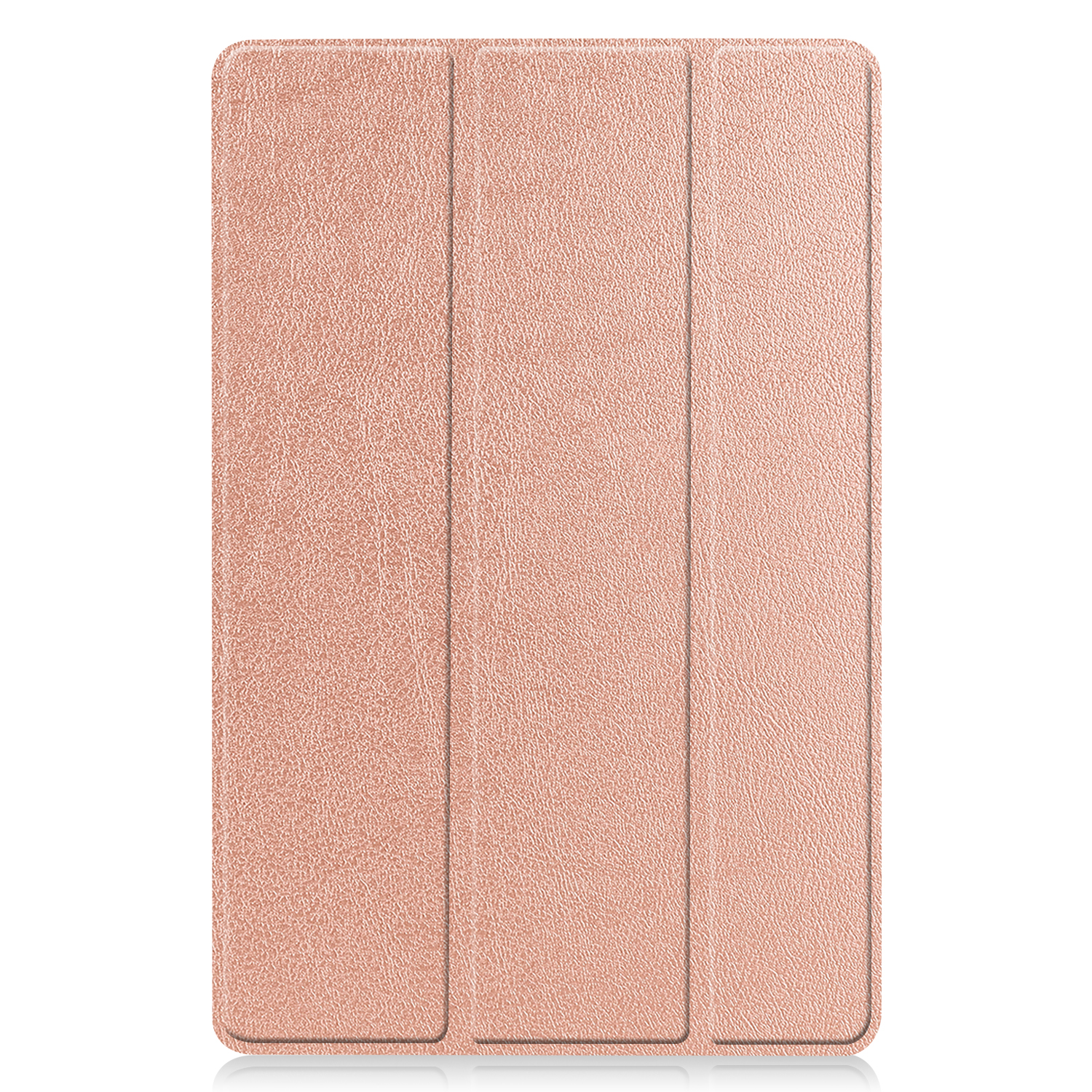 Ein geschlossenes Tabletetui mit rosé-goldfarbener, strukturierter Oberfläche, vor weißem Hintergrund.