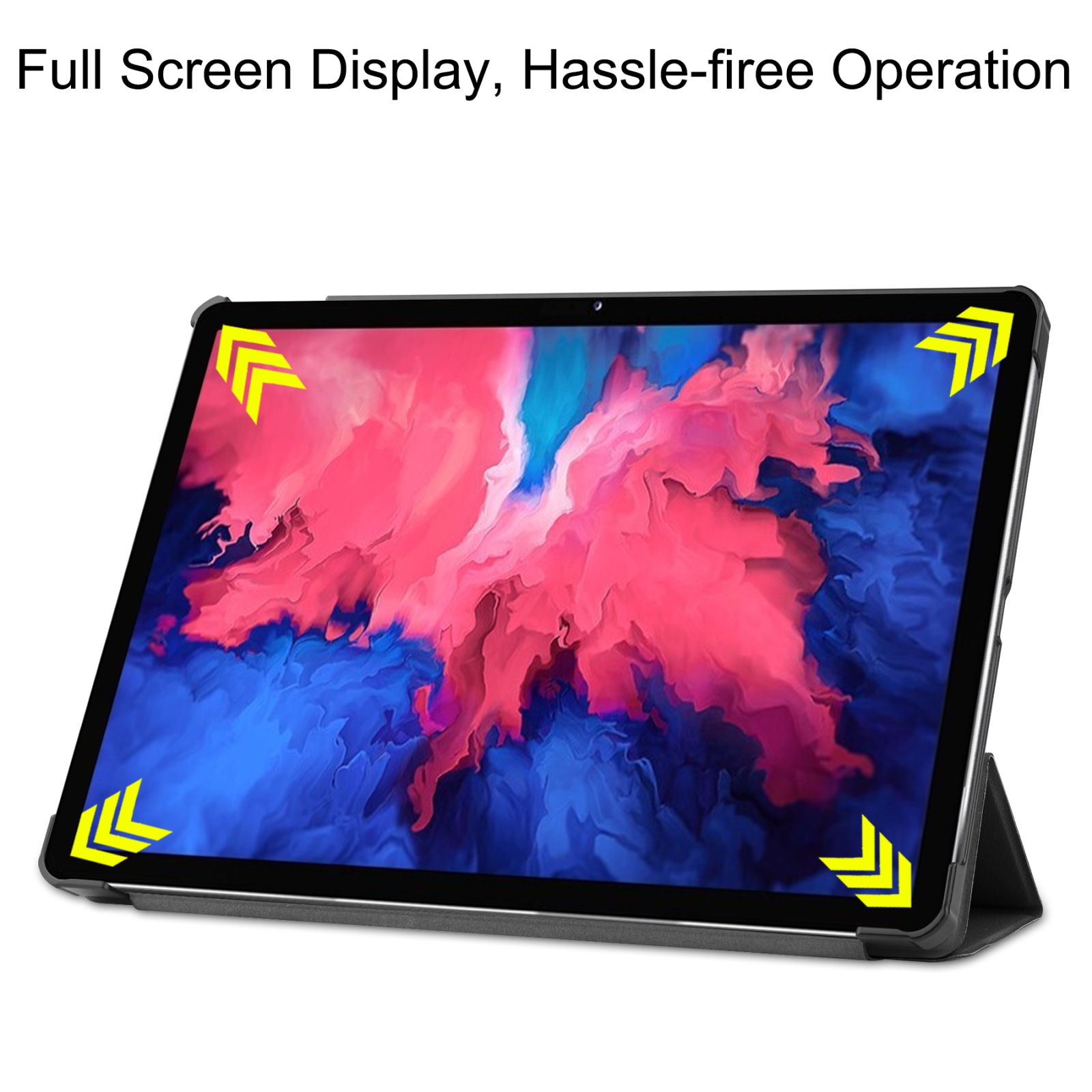 Tablet mit farbenfroher Anzeige. Pfeile in den Ecken. Text sagt Full Screen Display, Hassle-free Operation.
