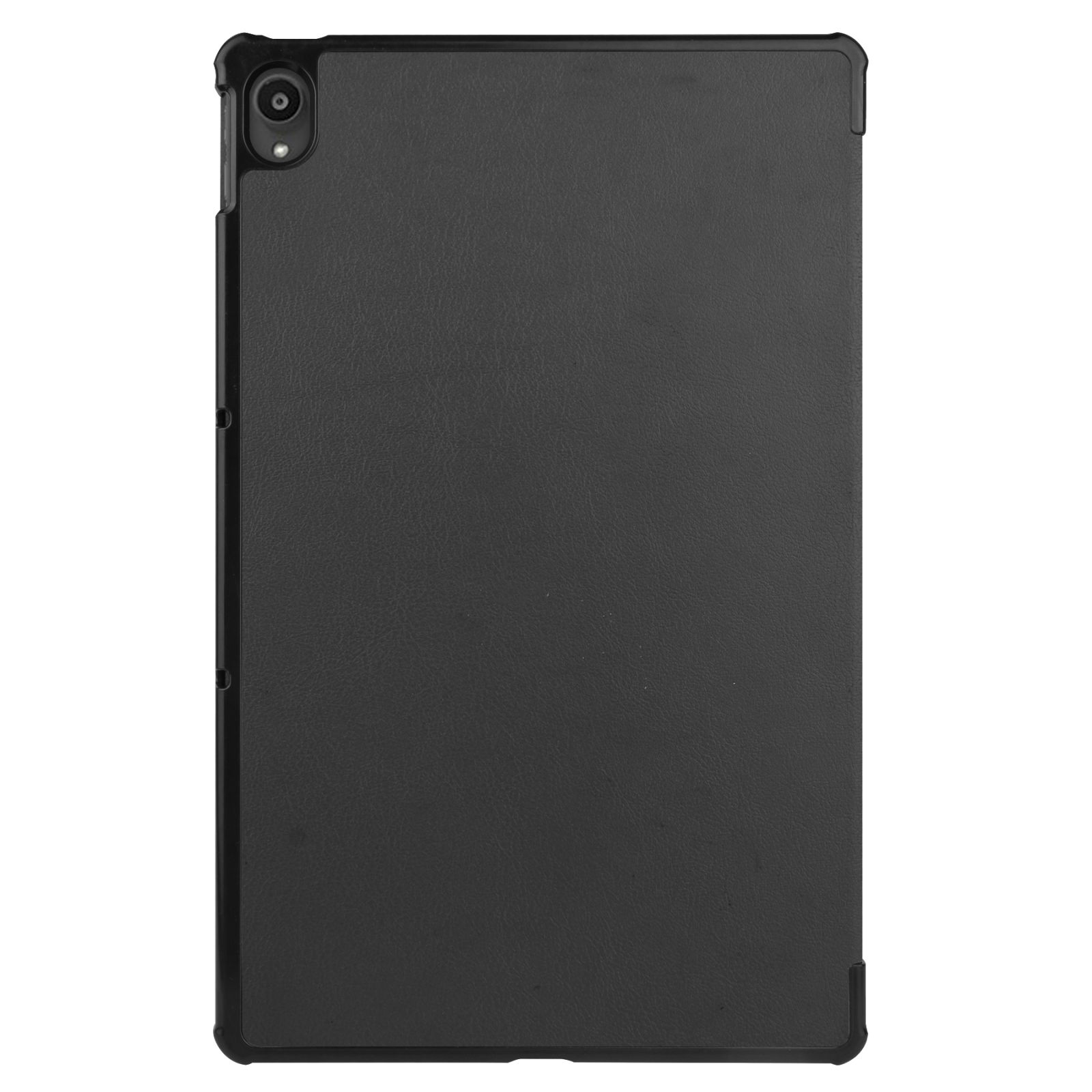 Schwarze Tablethülle, geschlossen, zeigt die Rückseite eines Tablets mit glatter, strukturierter Oberfläche.