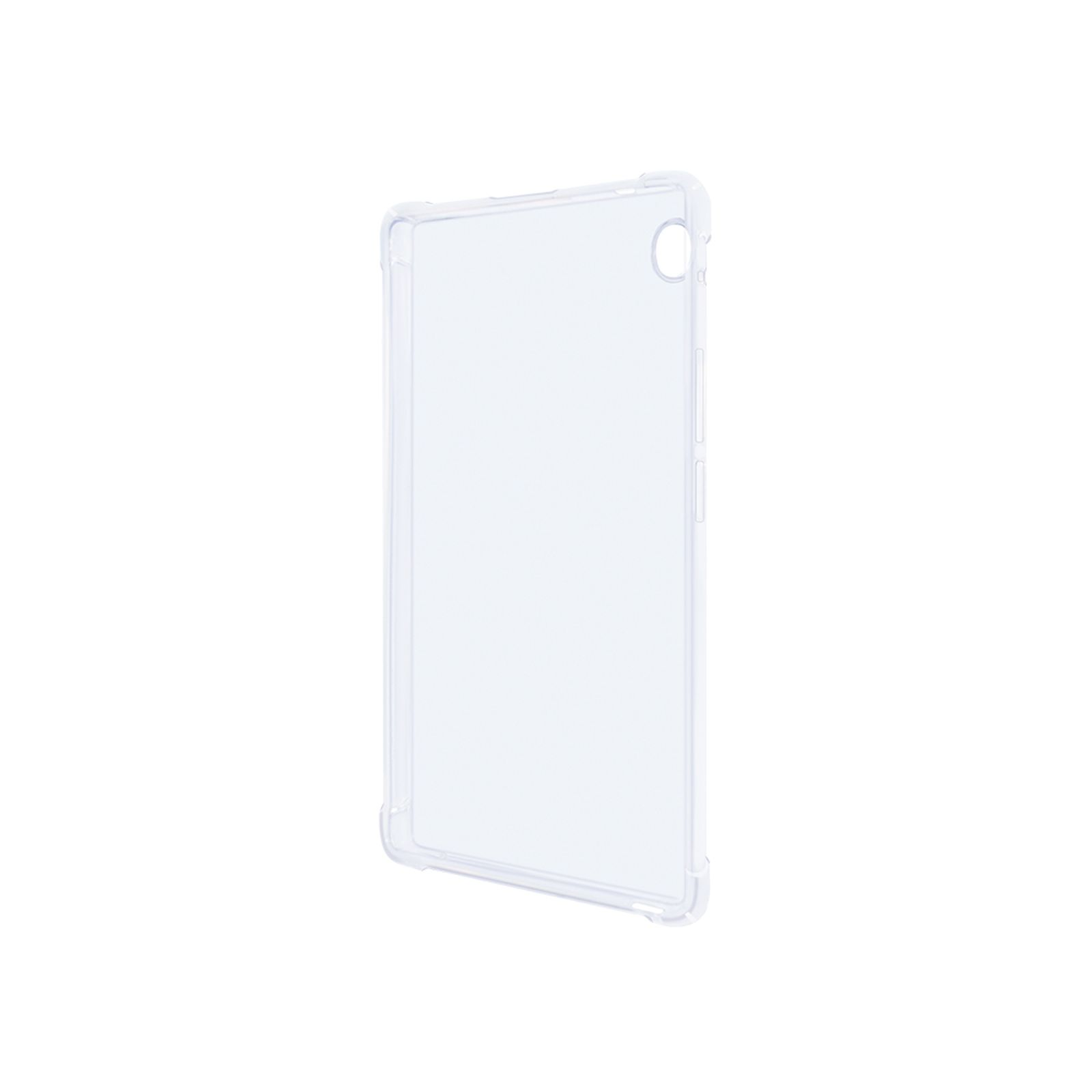 Transparente Tablet-Hülle. Sie ist rechteckig, mit abgerundeten Ecken und Öffnungen für Knöpfe und Kamera.