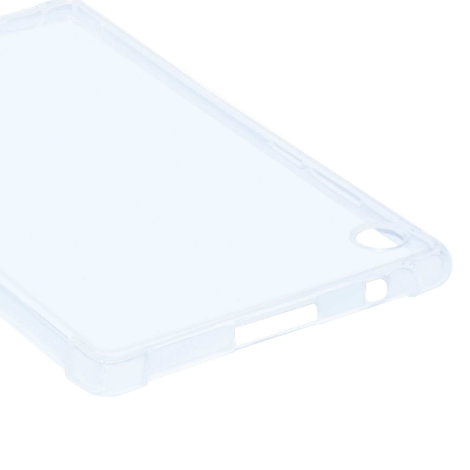 Eine klare, transparente Tablethülle, die den Umriss des Geräts zeigt.