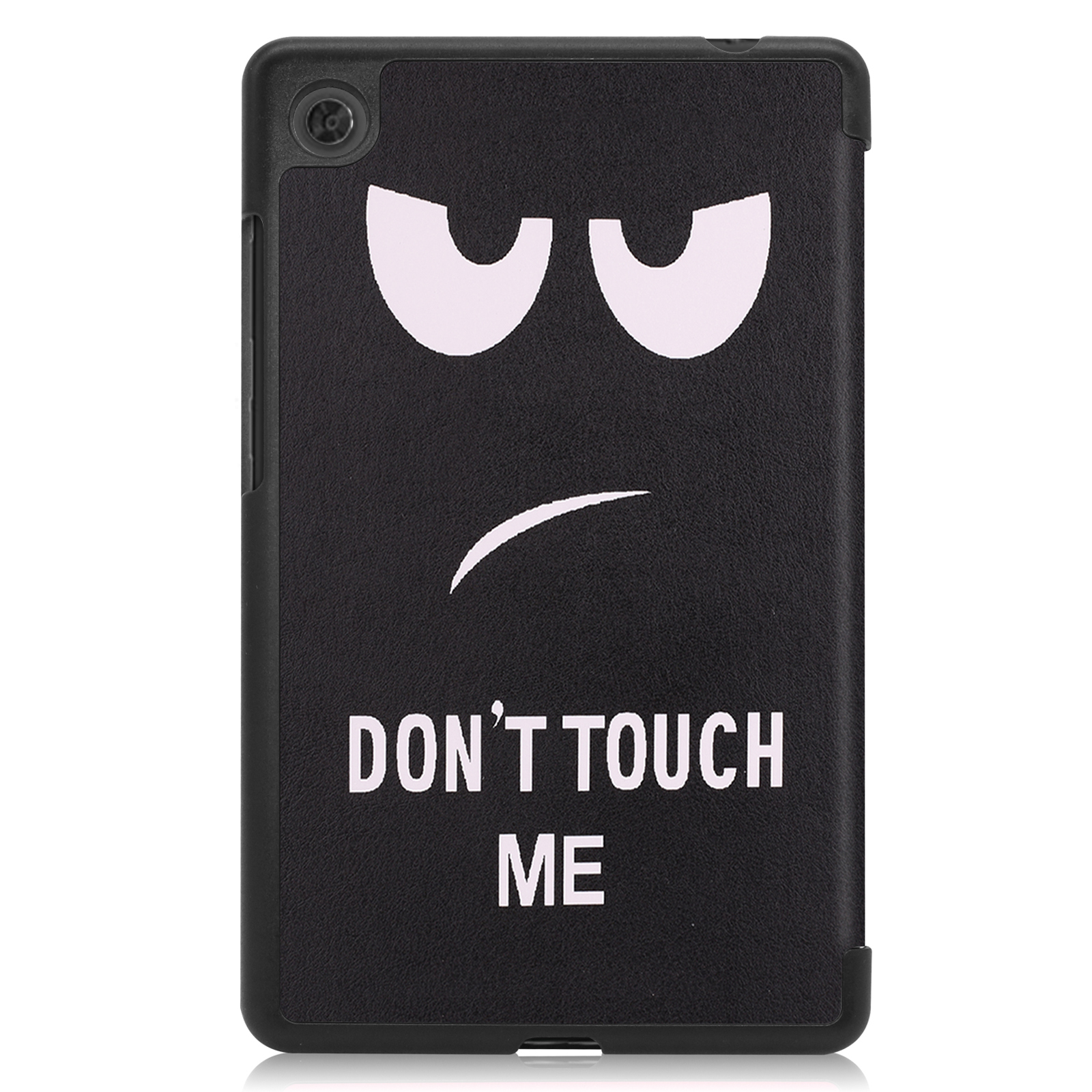 Eine schwarze Tablet-Hülle mit einem Cartoon-Gesicht, auf dem in weißen Buchstaben "DON'T TOUCH ME" steht.