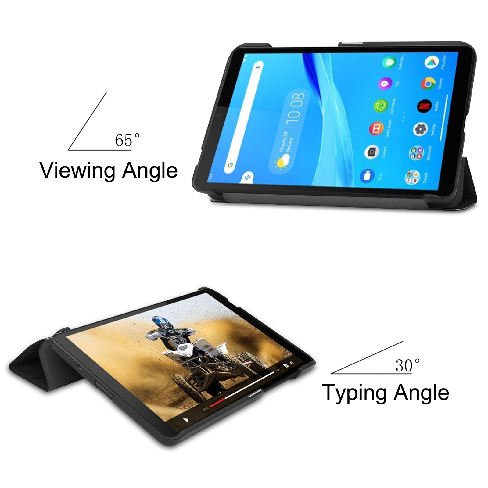 Tablet auf Ständer mit 65° Betrachtungswinkel, 30° Schreibwinkel. Weißer Hintergrund.