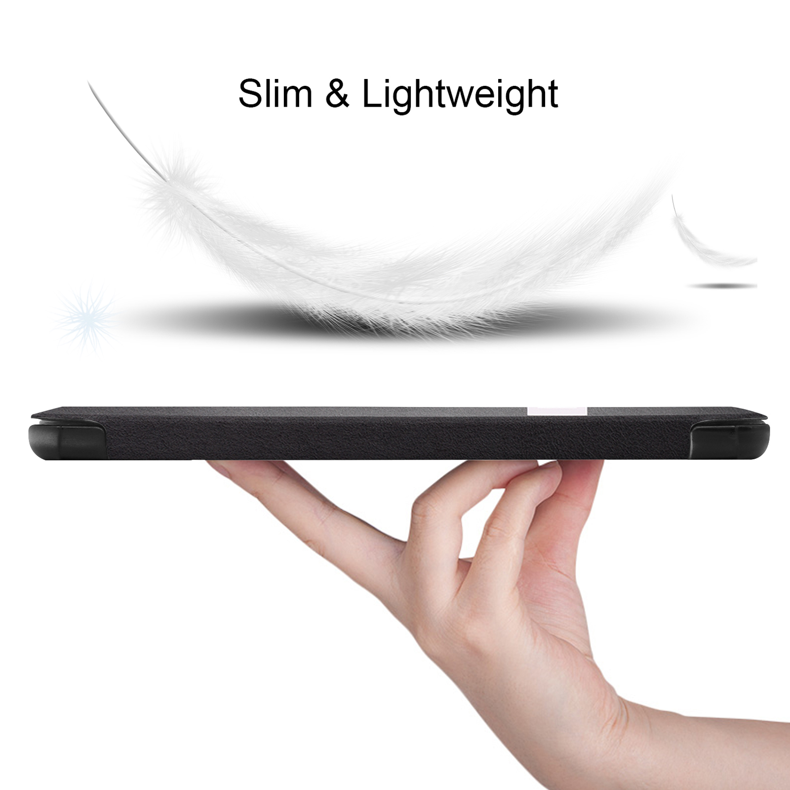 Hand hält schwarze Tablethülle mit Feder darüber, beschriftet 'Slim & Lightweight'.