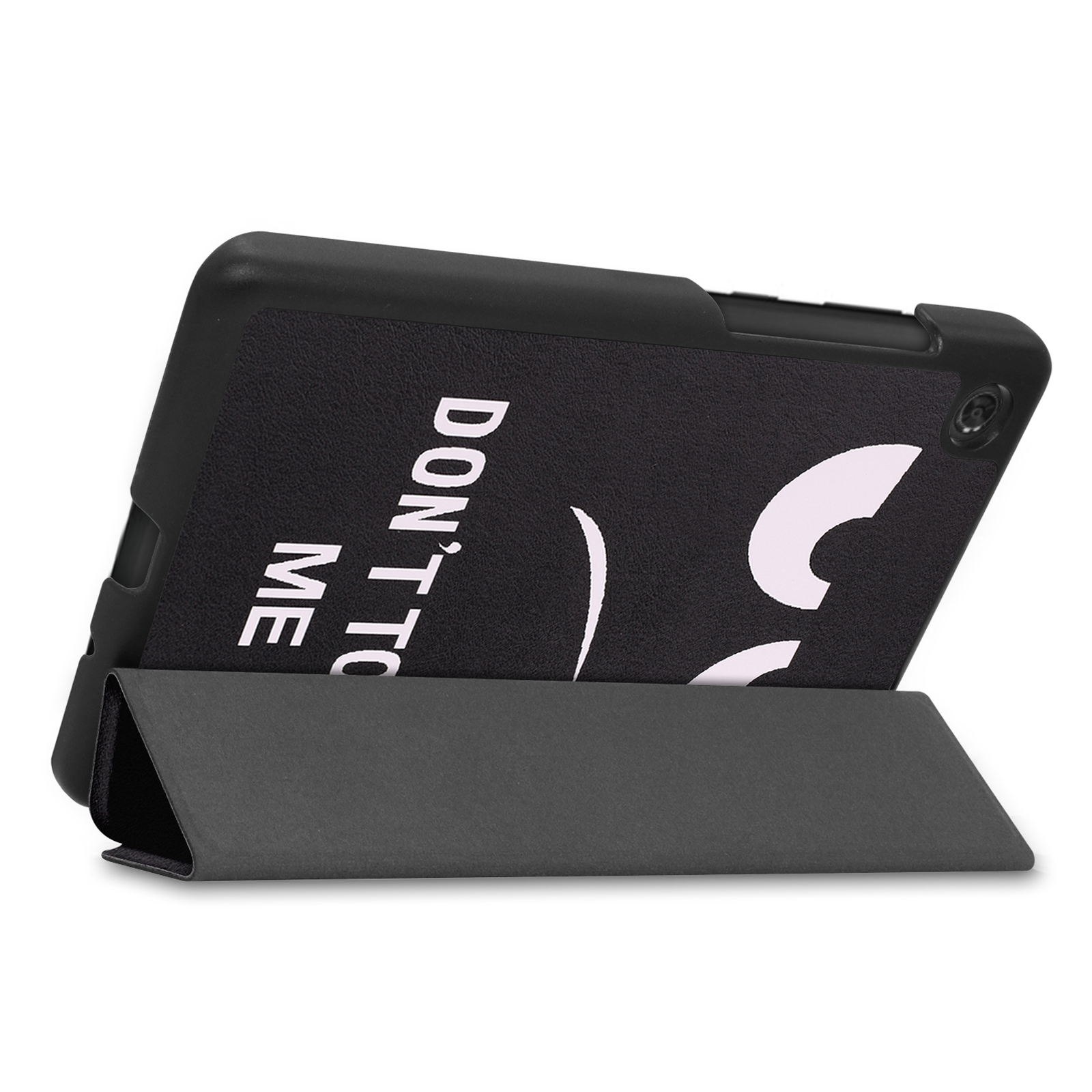 Eine schwarze Tablet-Hülle mit Smiley-Gesicht-Design und einem Ständer.