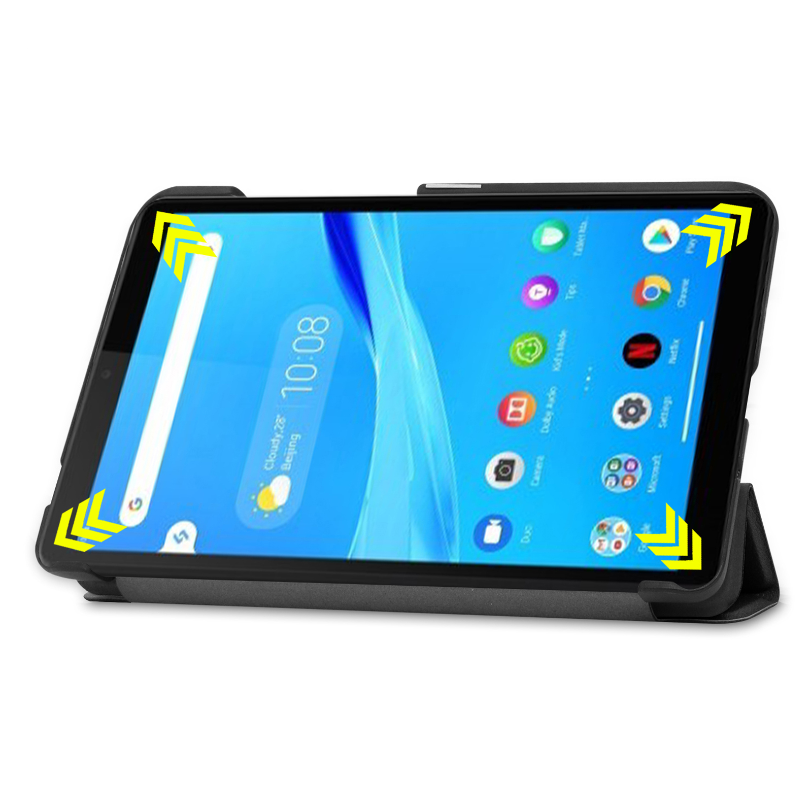 Tablet in Hülle, Homescreen. Gelbe Pfeile zeigen die Ecken.