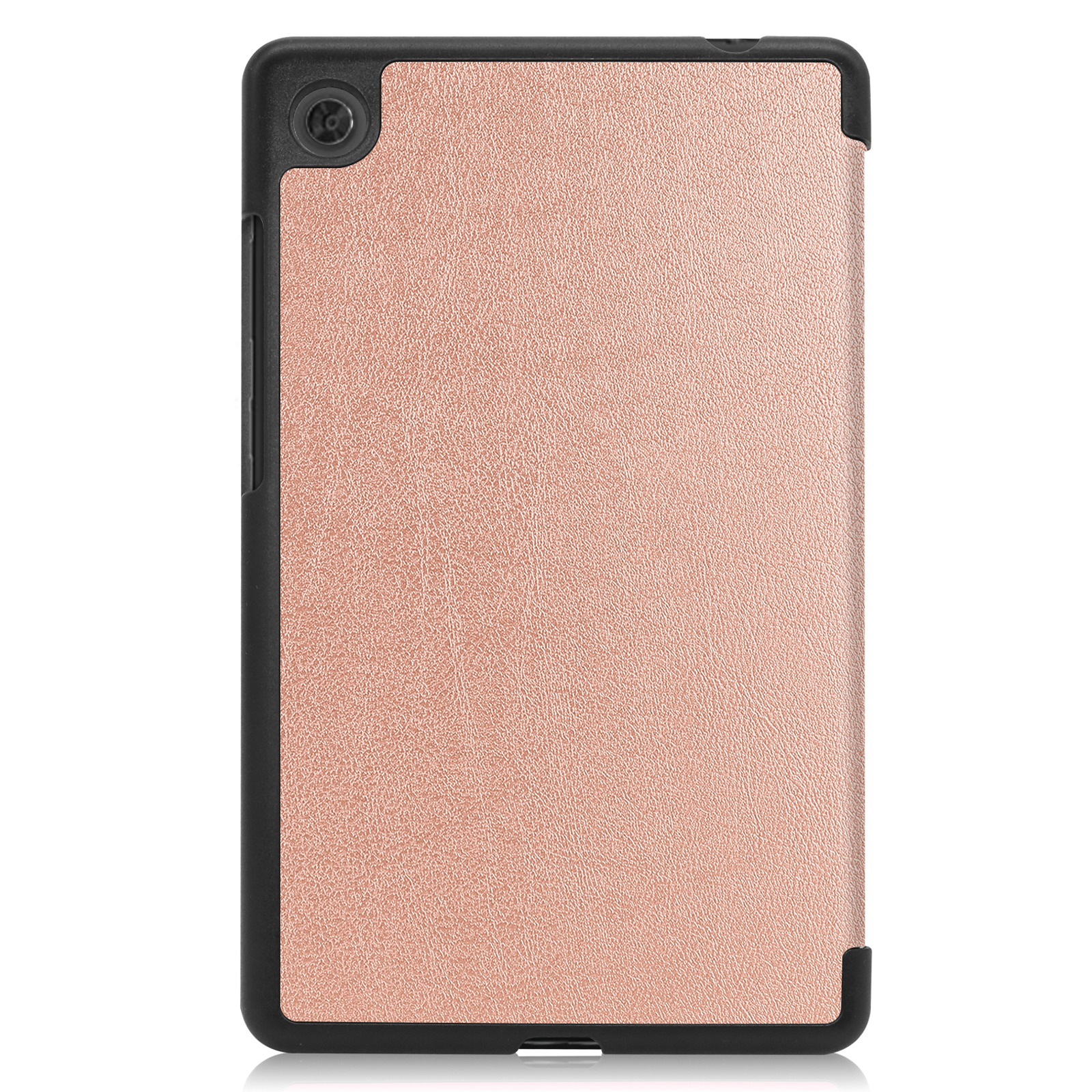Eine roségoldene Tablethülle, schwarze Ränder, Lederstruktur, isoliert auf weißem Hintergrund.
