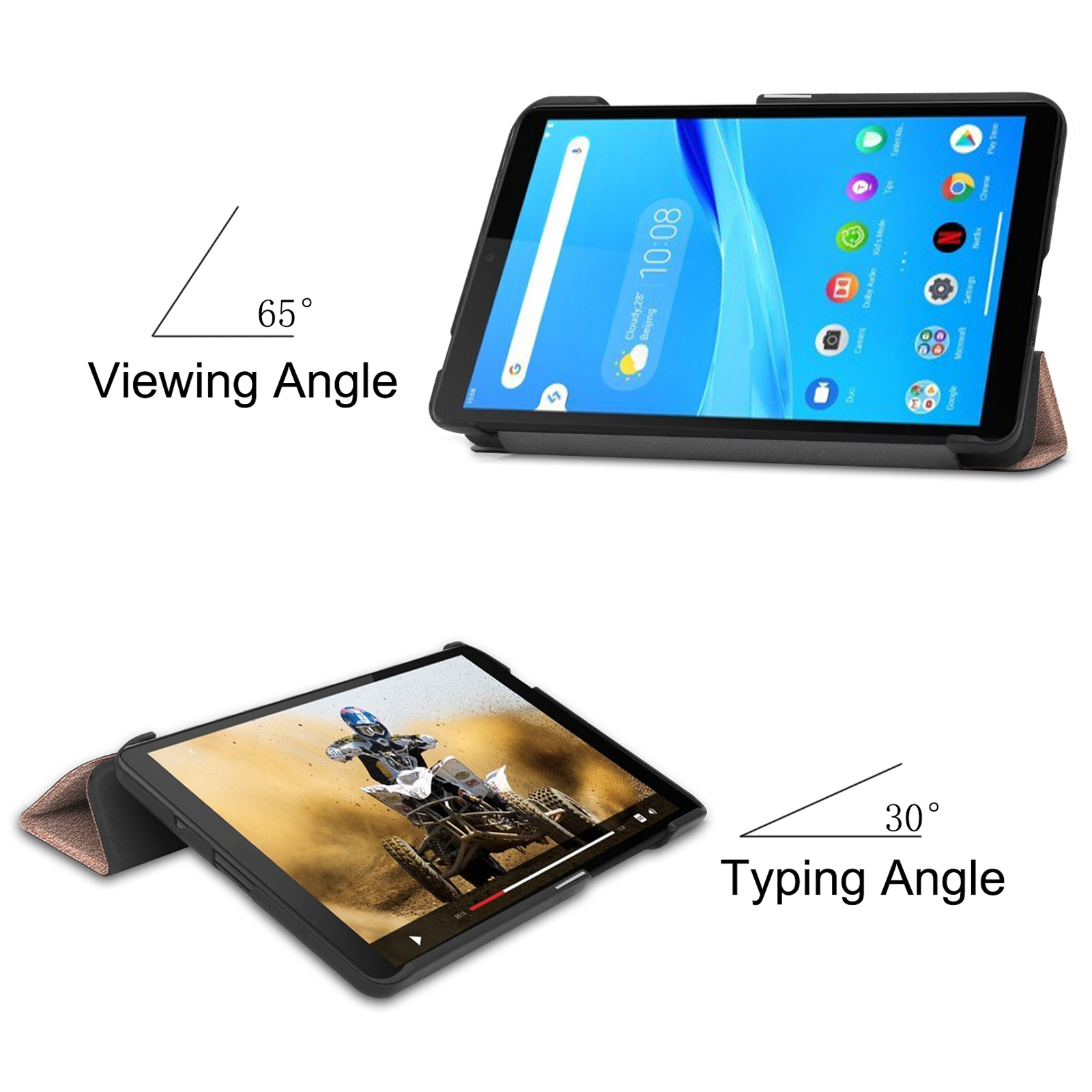 Ein Tablet in einem Gehäuse, das zwei verschiedene Betrachtungswinkel mit Beschriftungen zeigt. Einer bei 65 Grad, einer bei 30.