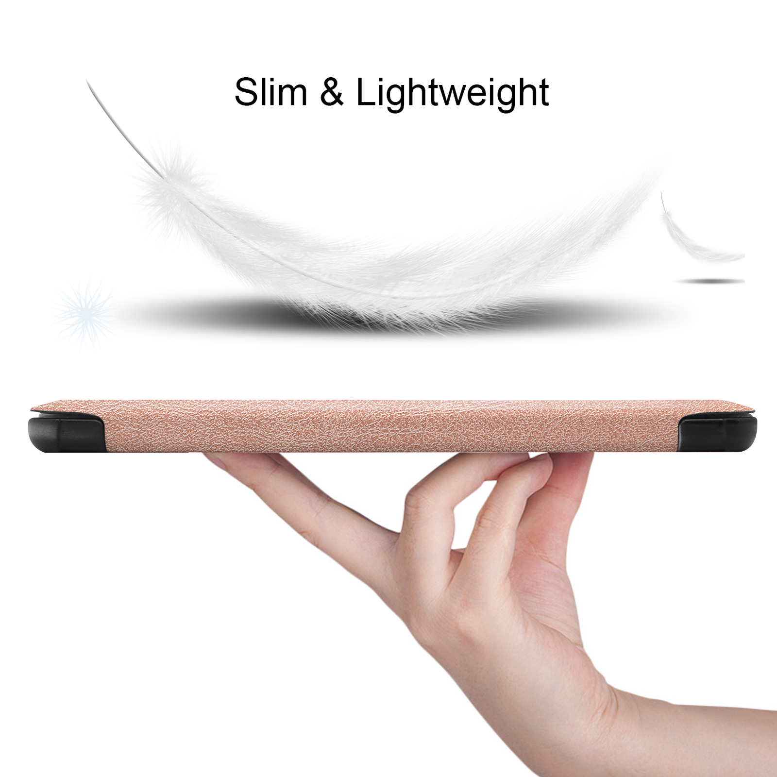 Hand hält Tablet mit strukturiertem roségoldenen Oberfläche, leicht.