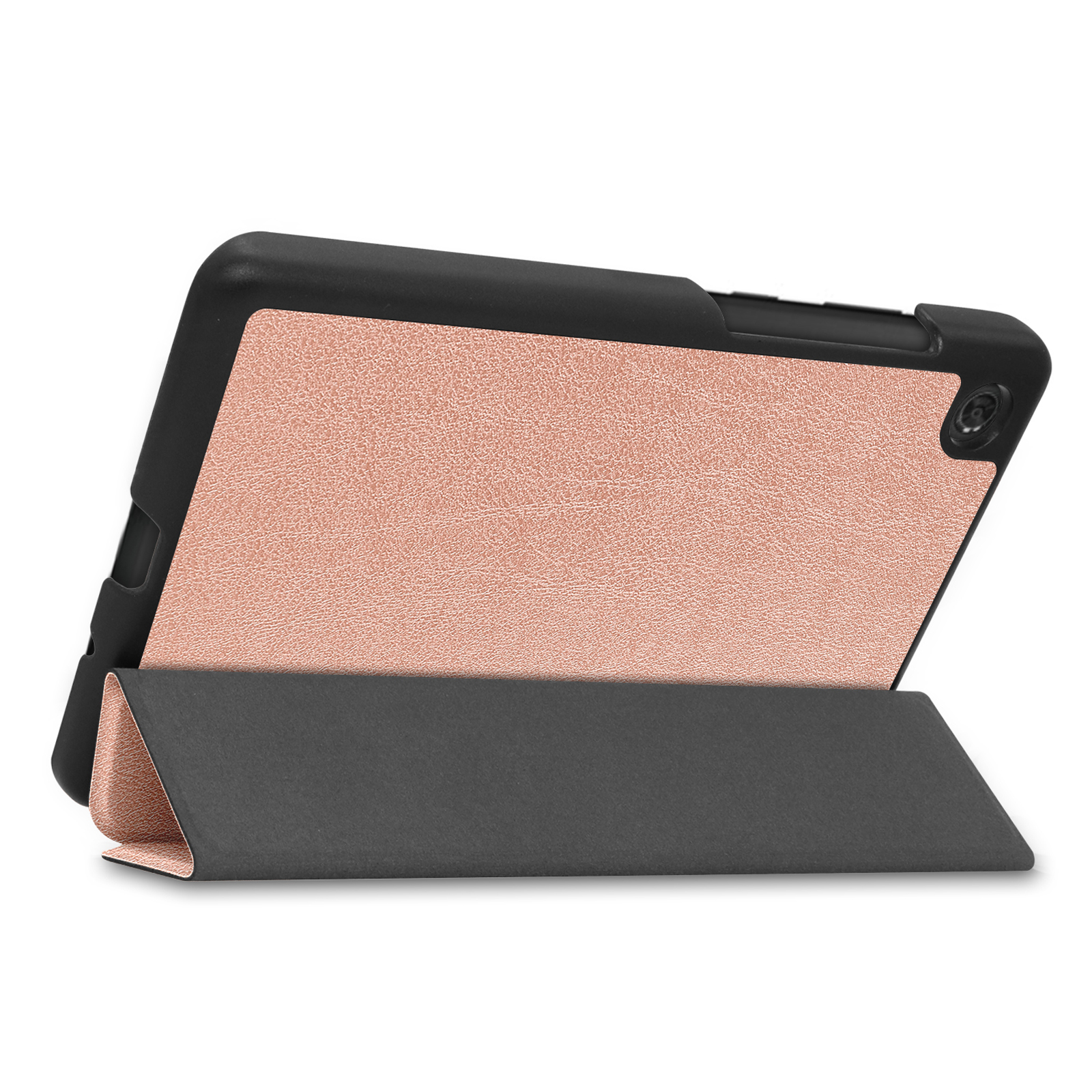 Ein schwarzes Tablet in einem roségoldenen Gehäuse, schräg auf einer dunkelgrauen Oberfläche.