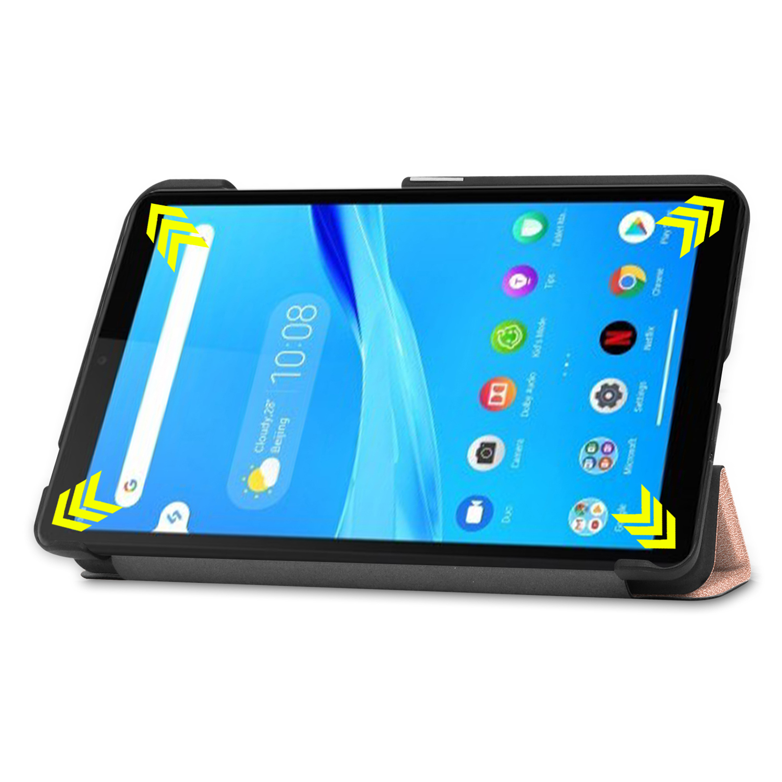 Tablet mit Benutzeroberfläche auf dem Bildschirm. Tablet in Schutzhülle.
