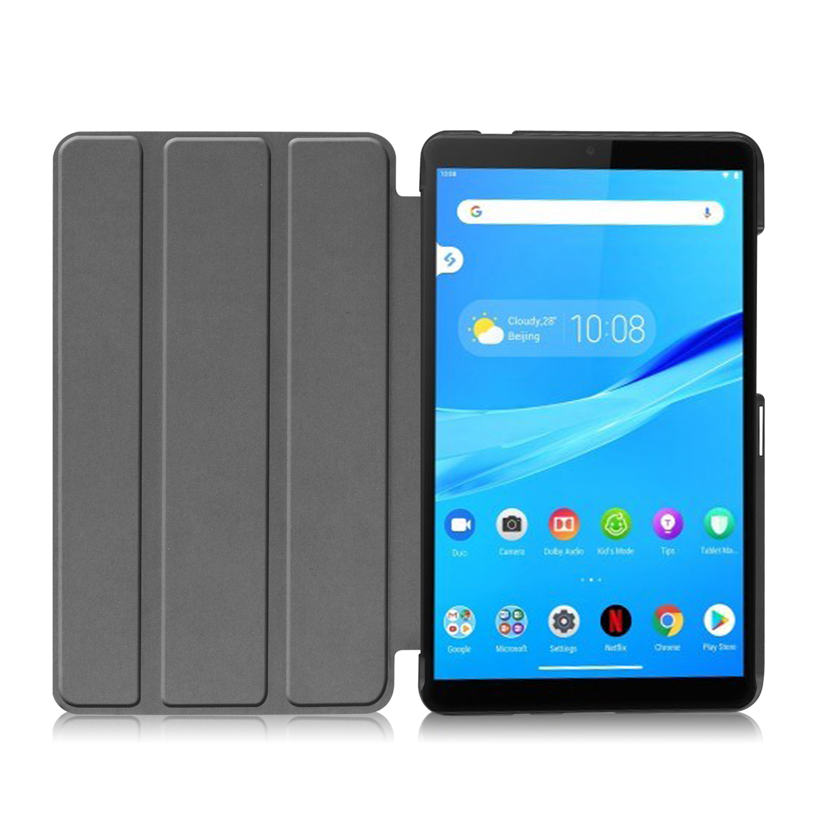 Tablet in grauer Hülle. Das Tablet zeigt einen Startbildschirm.