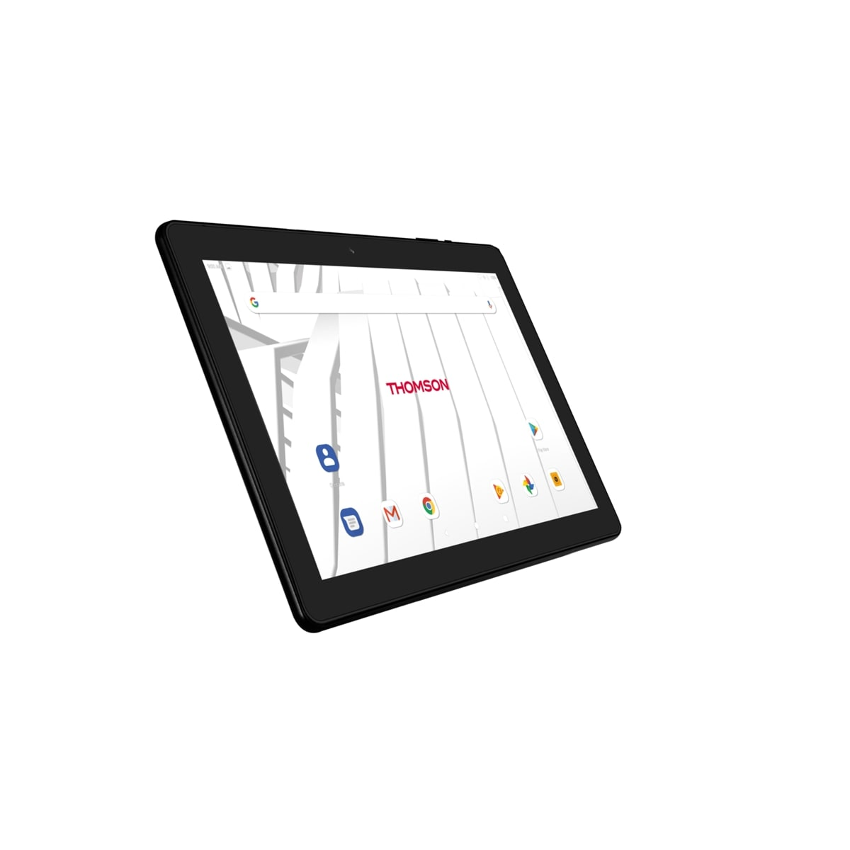 Tablet nero su bianco. Mostra la barra di ricerca di Google e le icone delle app. Marchio: THOMSON.