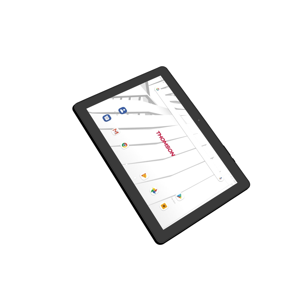 Tablet nero con mappa. Il marchio 'THOMSON' è visibile sullo schermo.