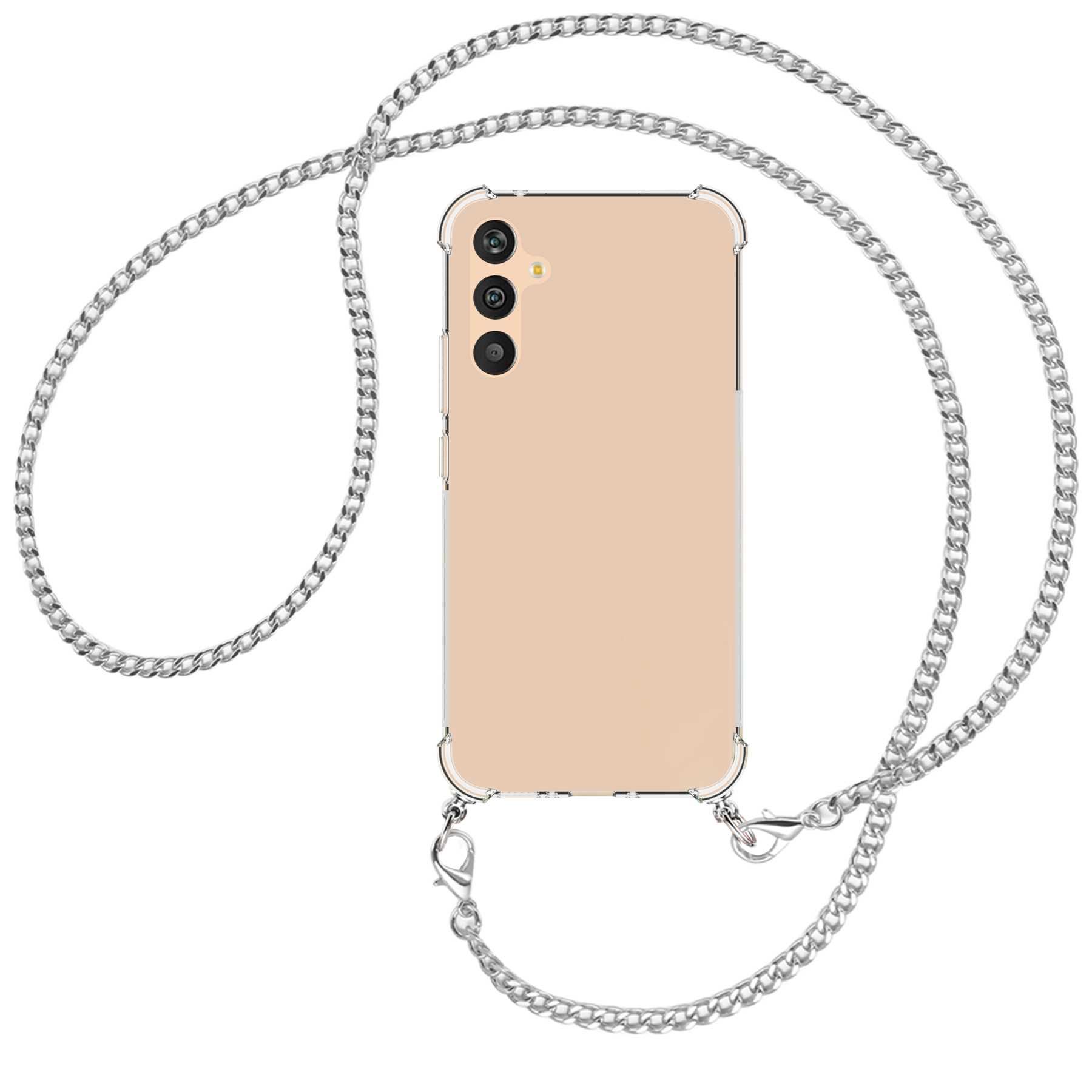 Handyhülle mit Kette. Das Telefon ist beige. Die Kette ist silber. Die Hülle ist transparent.
