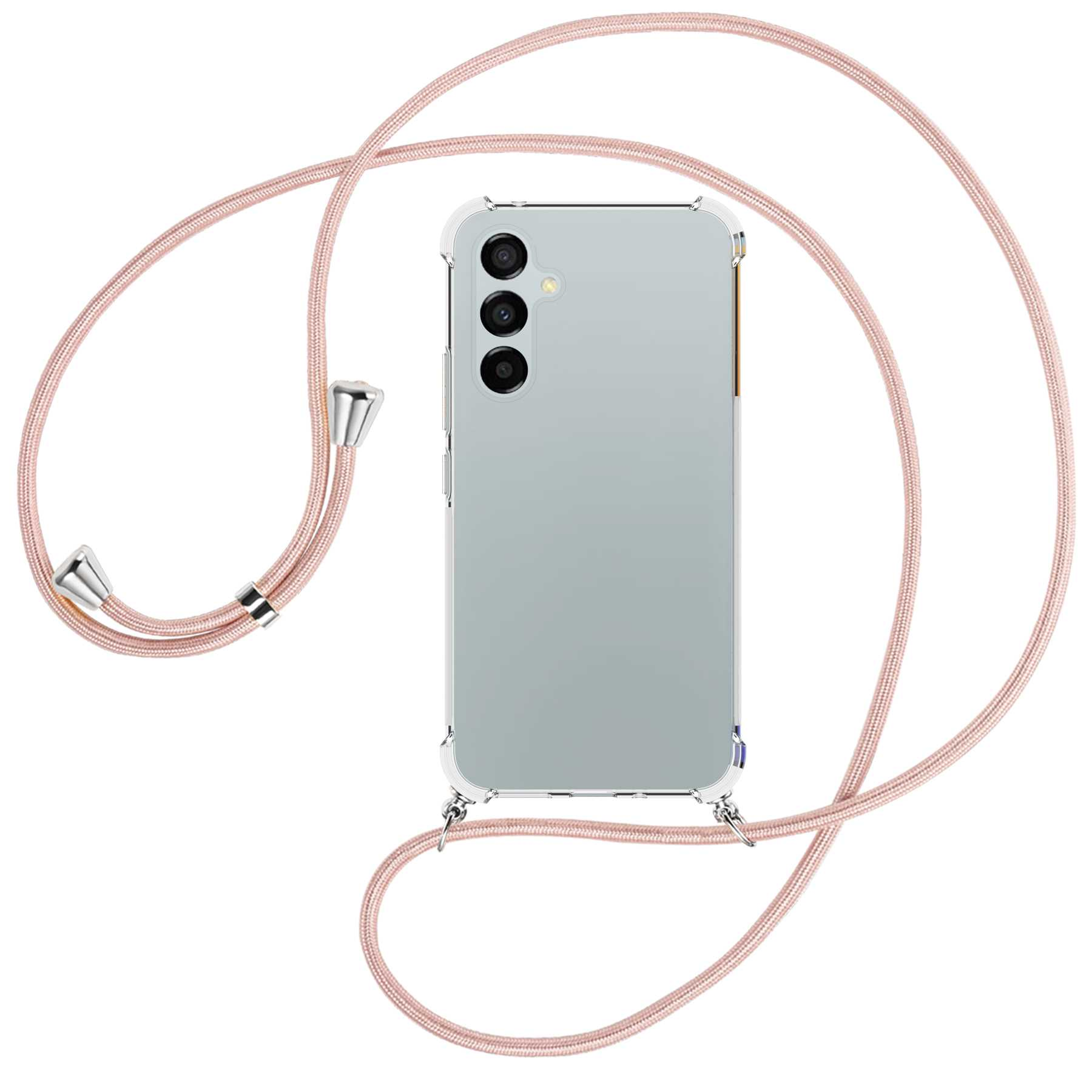 Ein Telefon mit transparenter Hülle und pinkfarbenem Schlüsselband, auf weißem Hintergrund.