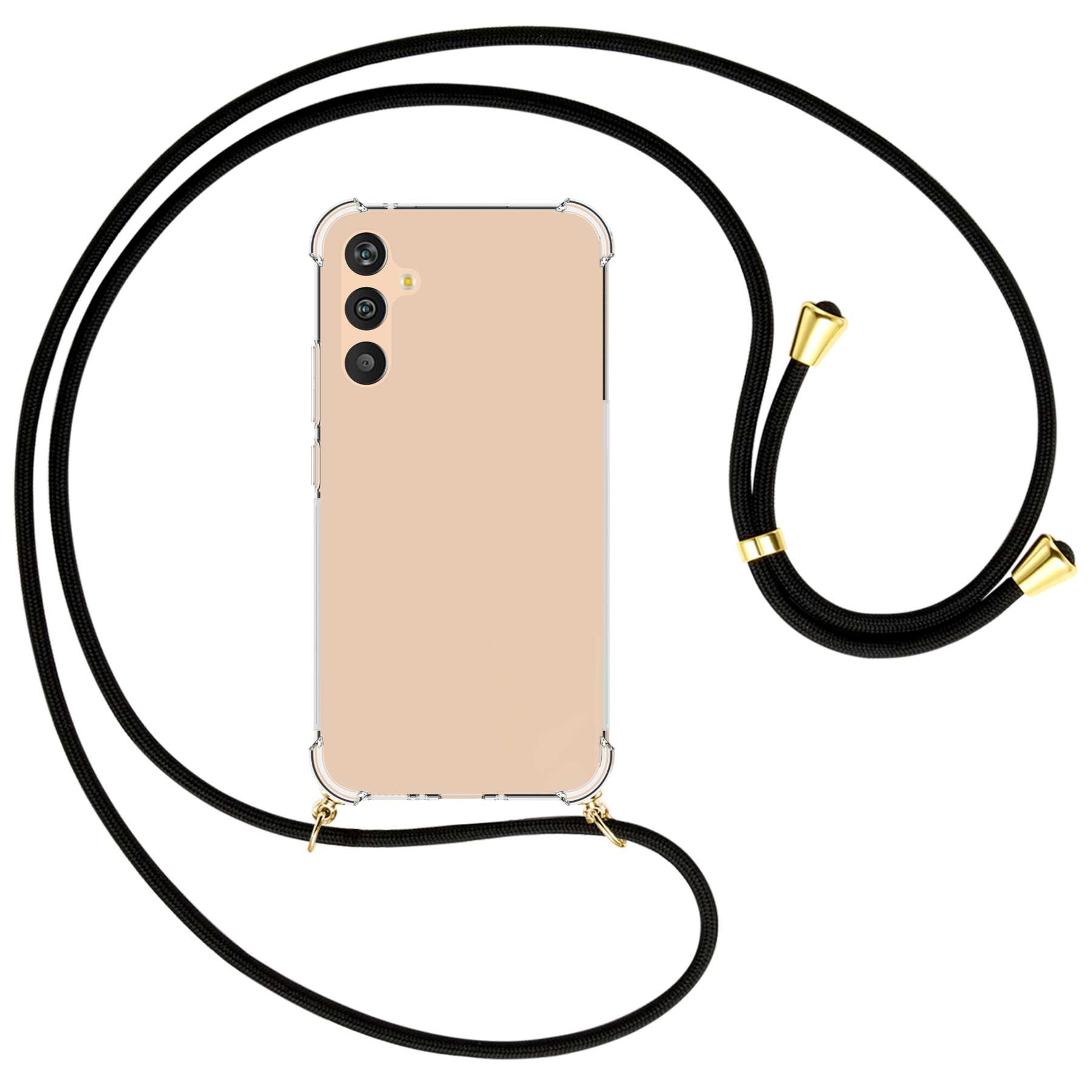 Transparente Handyhülle mit schwarzem Kordel. Das Telefon ist beige. Die Kordel hat goldfarbene Akzente.
