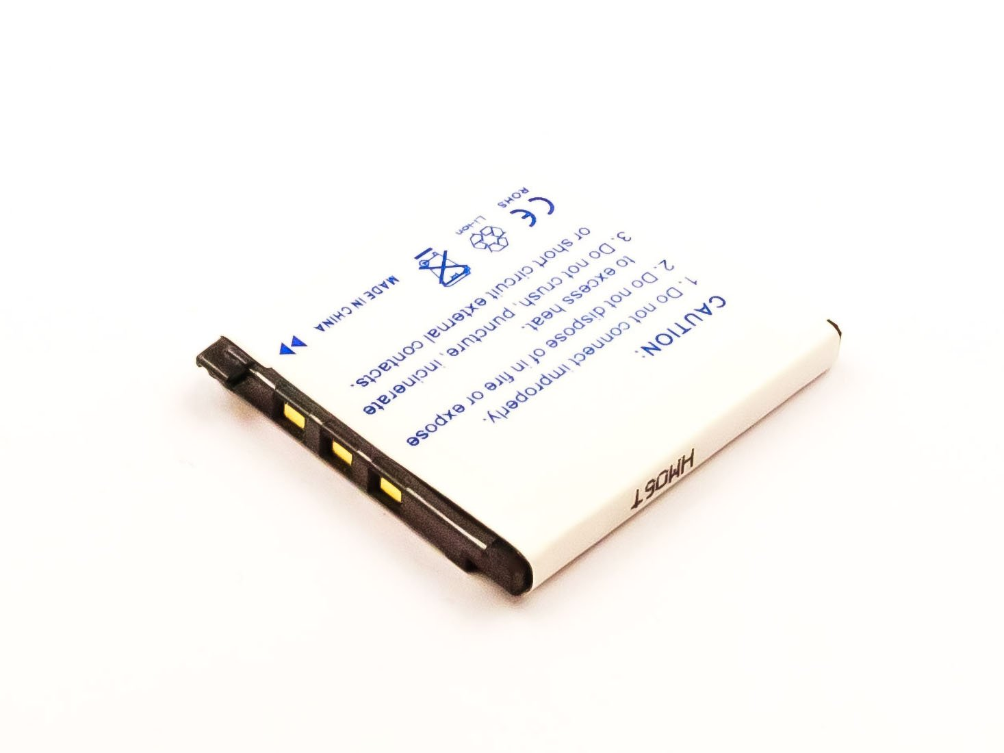 Eine weiße und schwarze Batterie mit einem Vorsichtshinweis und Sicherheitshinweisen auf weißem Untergrund.