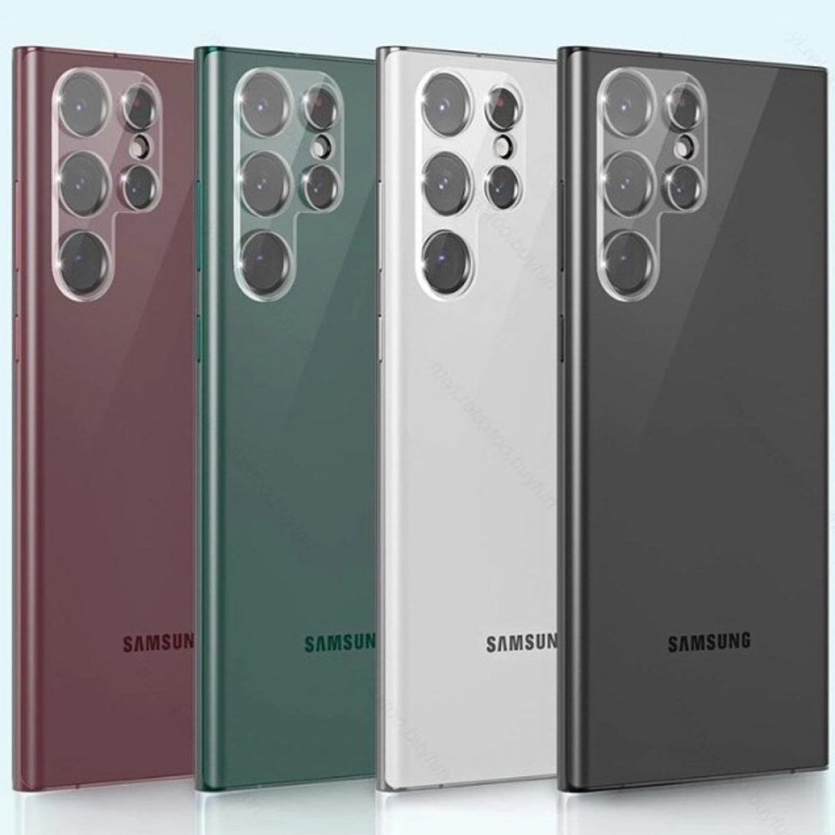 Vier Smartphone-Rückseiten in Rot, Grün, Weiß und Schwarz, jeweils mit 'SAMSUNG'.