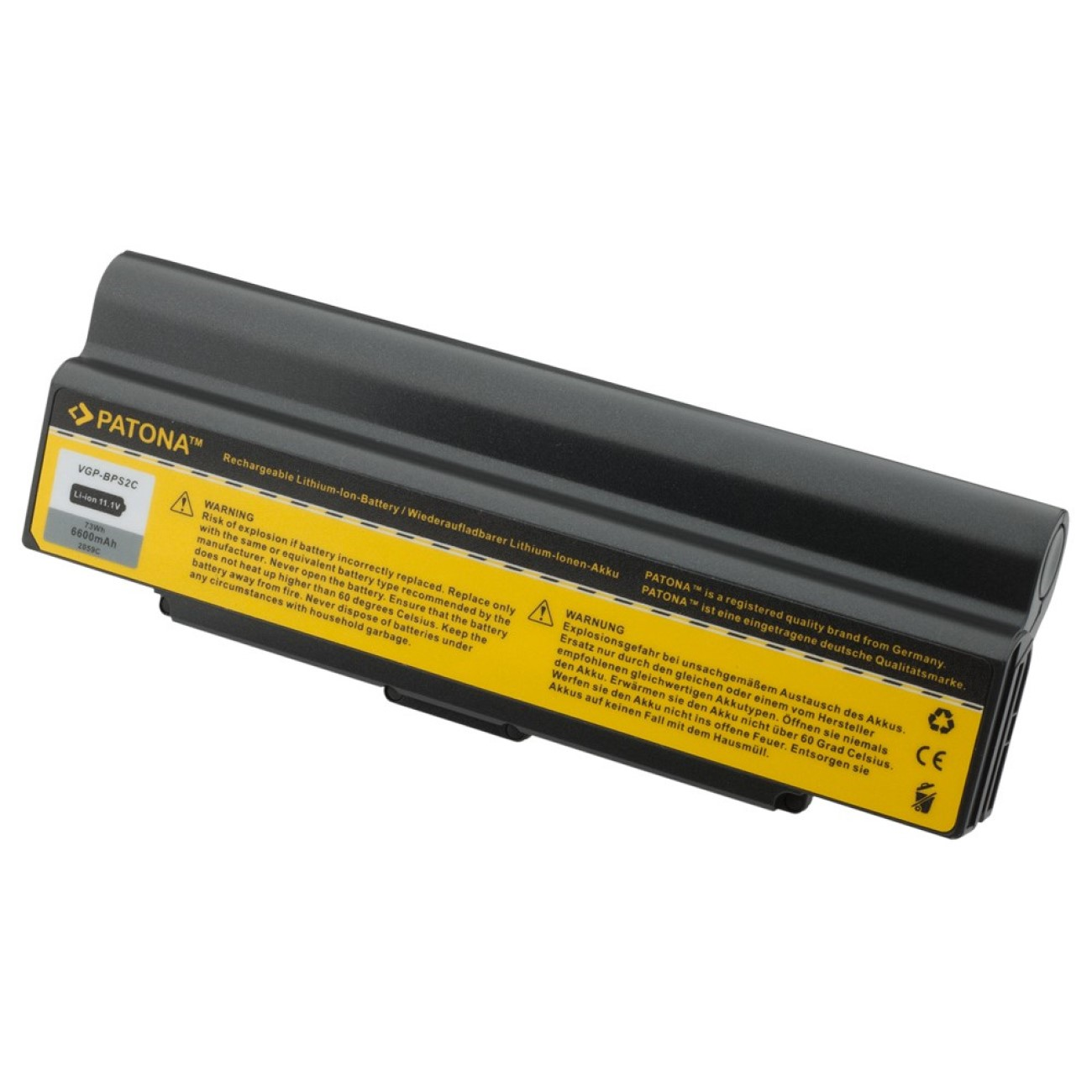 Schwarze Patona Laptop-Batterie, gelbes Etikett mit Text und Warnungen, und schwarzer Text.