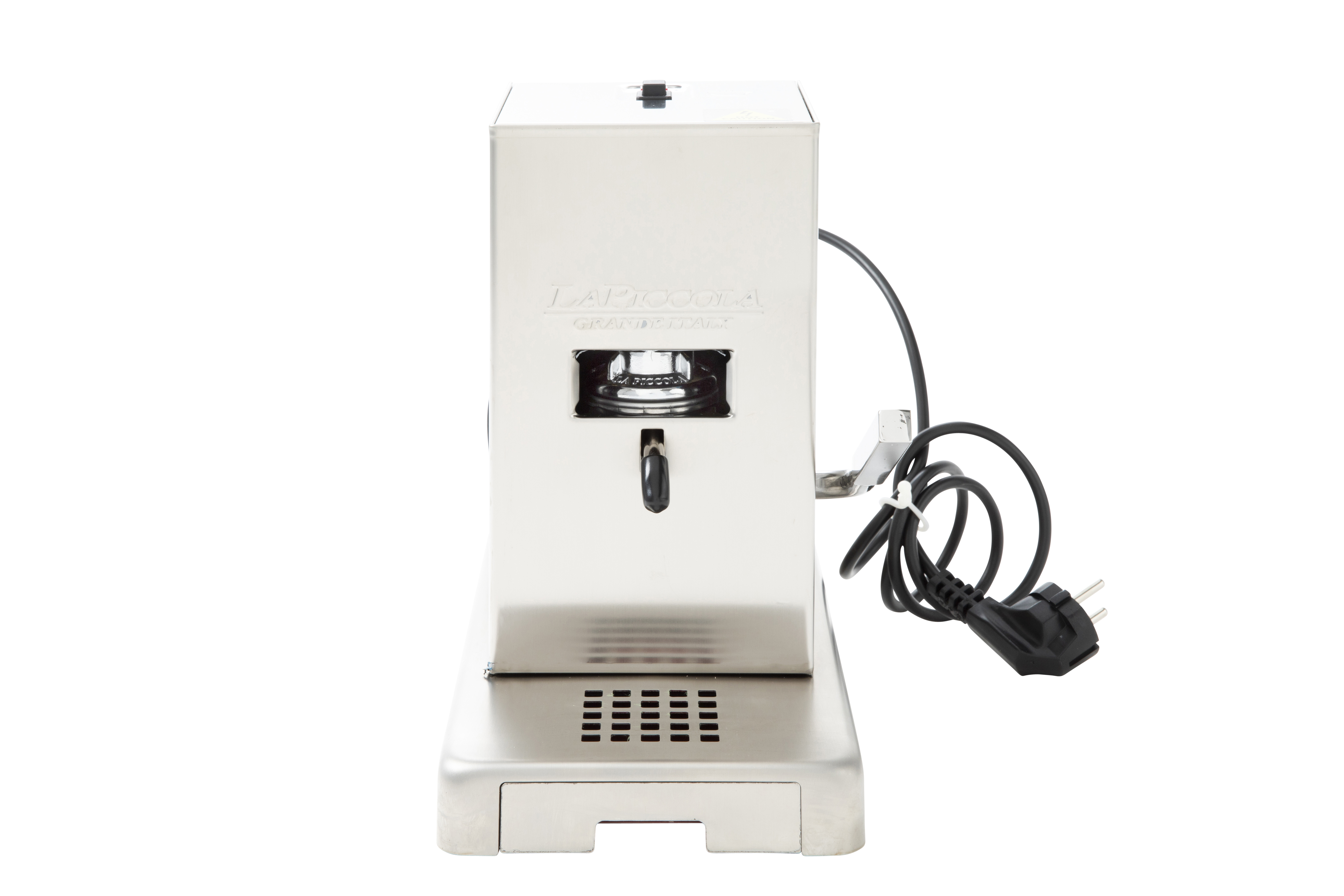 Espressomaschine aus Edelstahl auf weißem Hintergrund, Vorderansicht.
