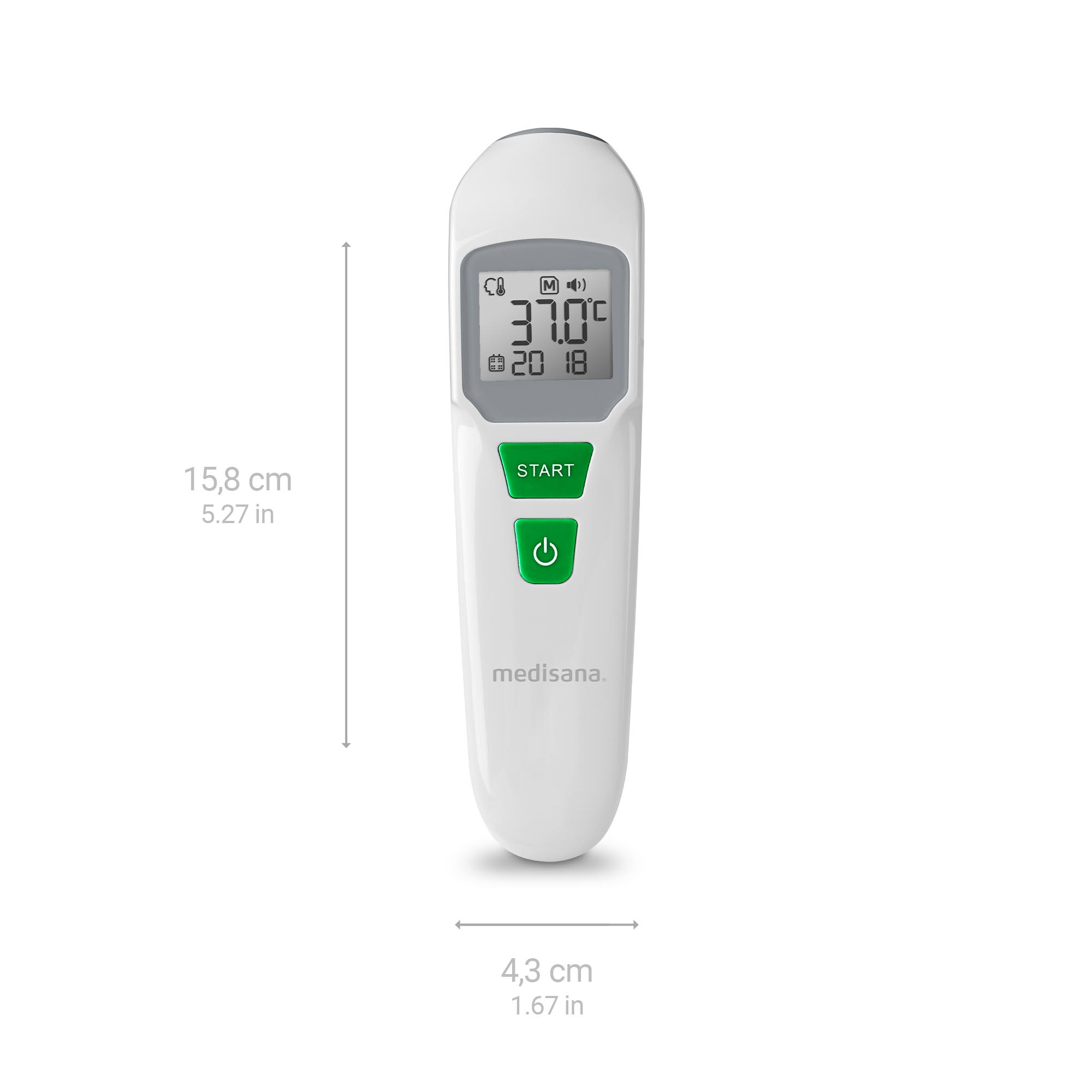 Een witte thermometer toont 37,0°C en de datum. Het heeft een groene startknop.