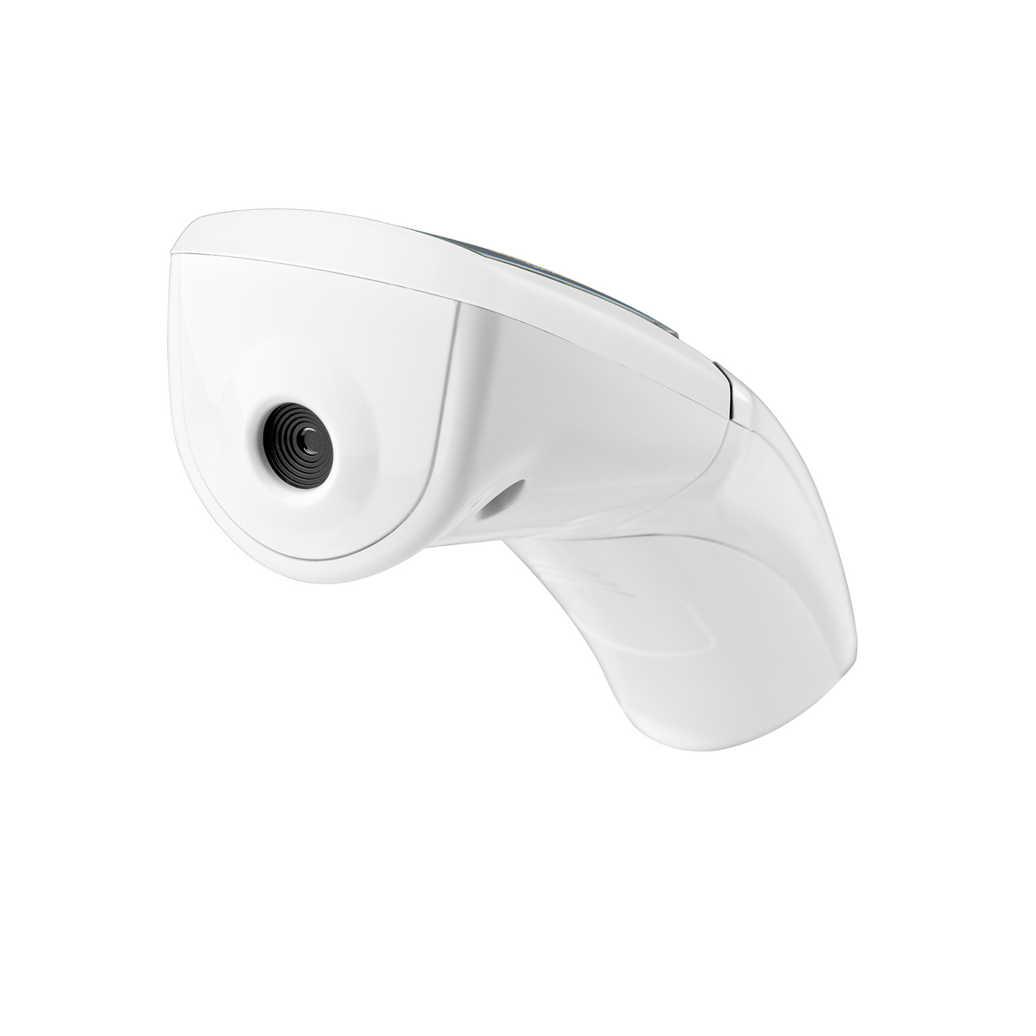 White medical device with a black lens. It has a curved handle. The background is white.