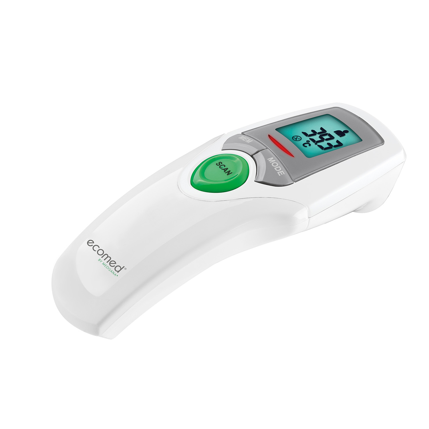 White, handheld infrared thermometer. It has a green scan button, a display, and buttons.