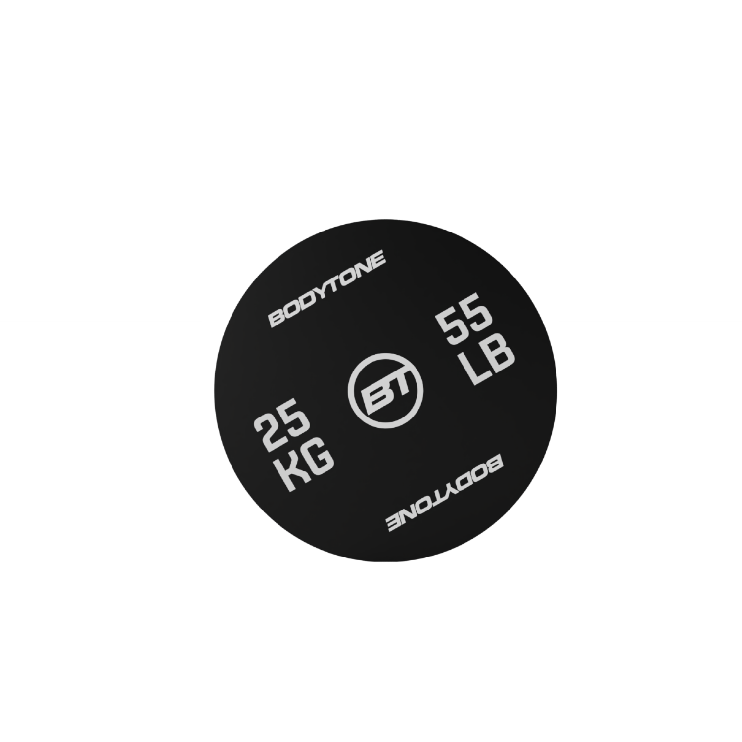 Un disco di peso nero con testo bianco: 'BODYTONE', '25 KG', '55 LB'.