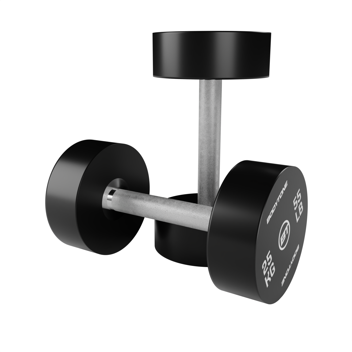 Due manubri neri con manici argentati su sfondo bianco. I pesi indicano 25 KG e 55 LB.