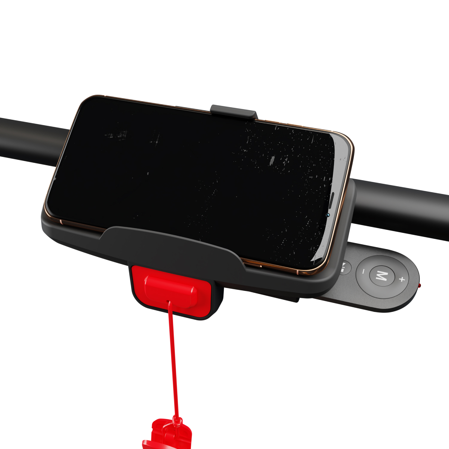 Un telefono è montato su un supporto nero, attaccato a una barra curva. Cavo di sicurezza rosso.