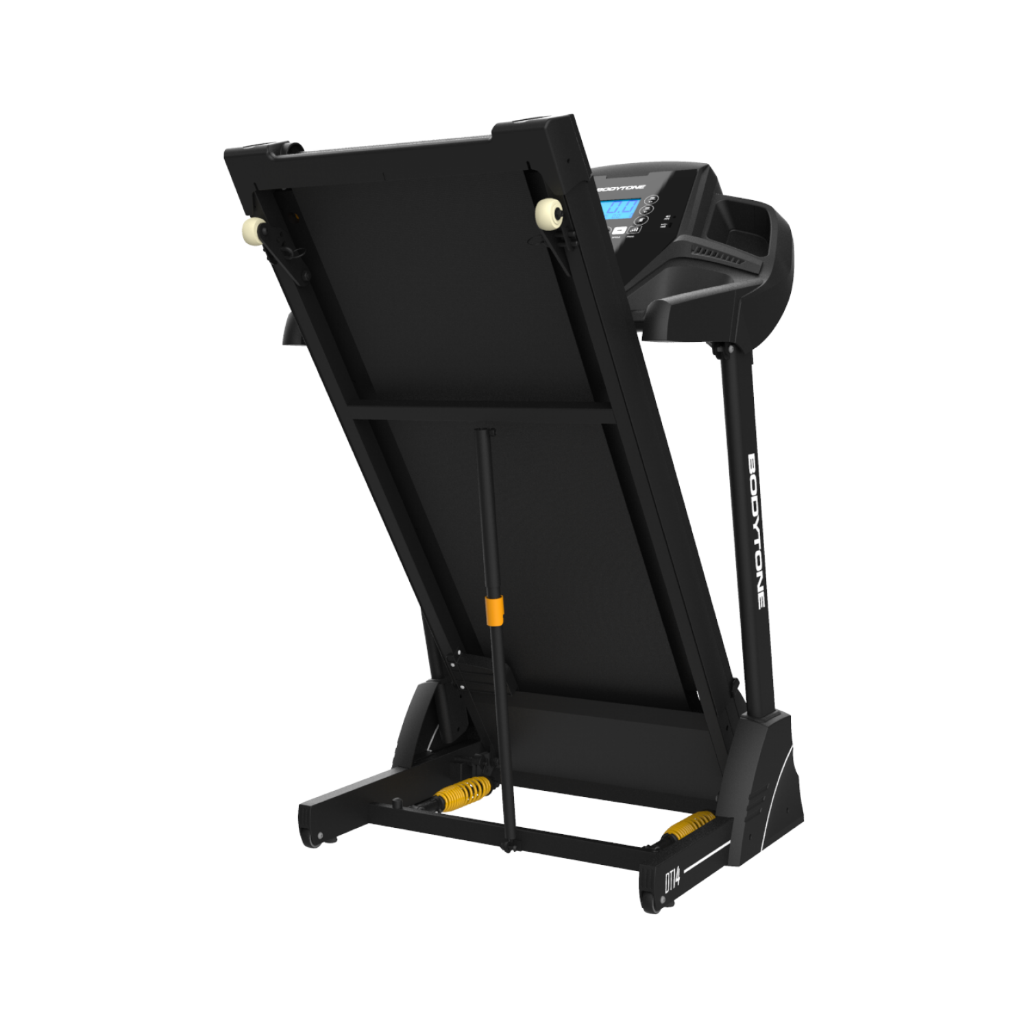 Tapis roulant nero, piegato, mostra il retro. Logo Bodytone visibile.
