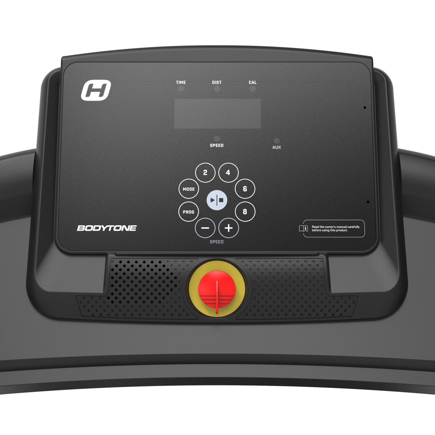 Primo piano del pannello di controllo di un tapis roulant. Ha pulsanti per la velocità, la modalità e un pulsante di arresto rosso.