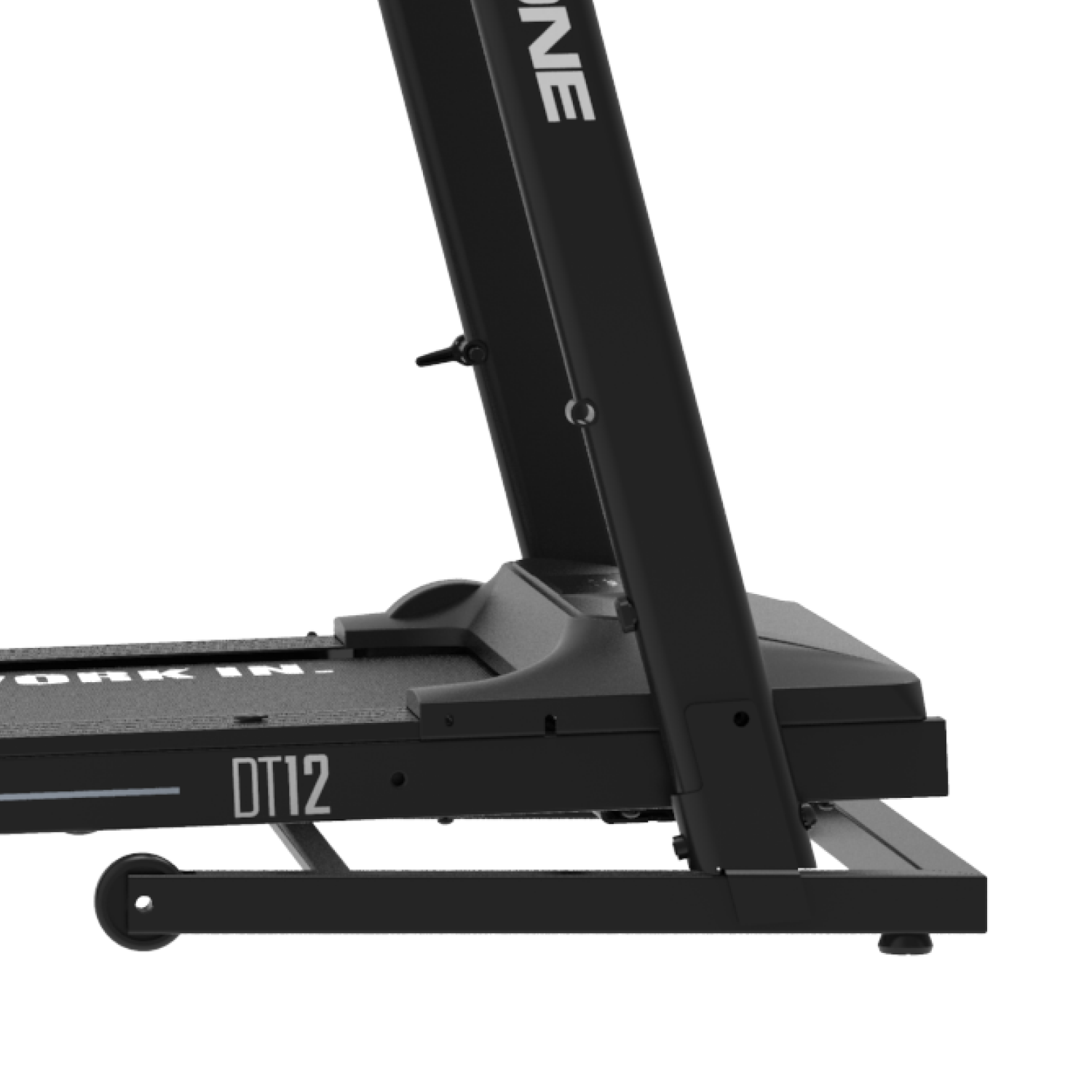 Base del tapis roulant nera con etichetta DT12. Ruote in basso, telaio nero con supporto.