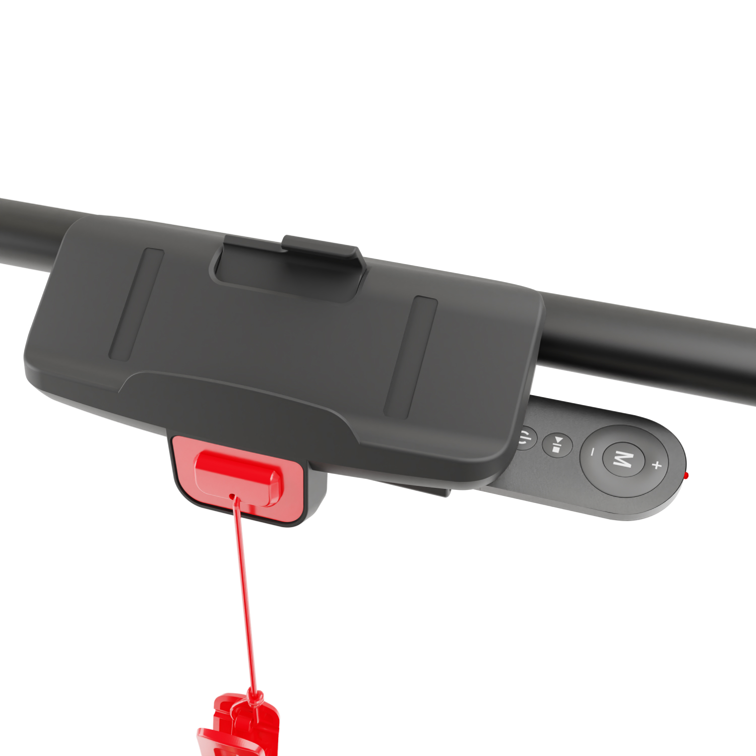 Primo piano di una console di controllo nera con un pulsante rosso. È presente anche un telecomando.