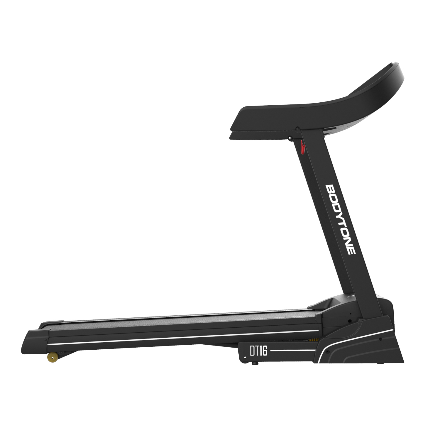 Czarna bieżnia Bodytone z białym paskiem. Widok z boku, na białym tle. Czarny panel nachylenia.