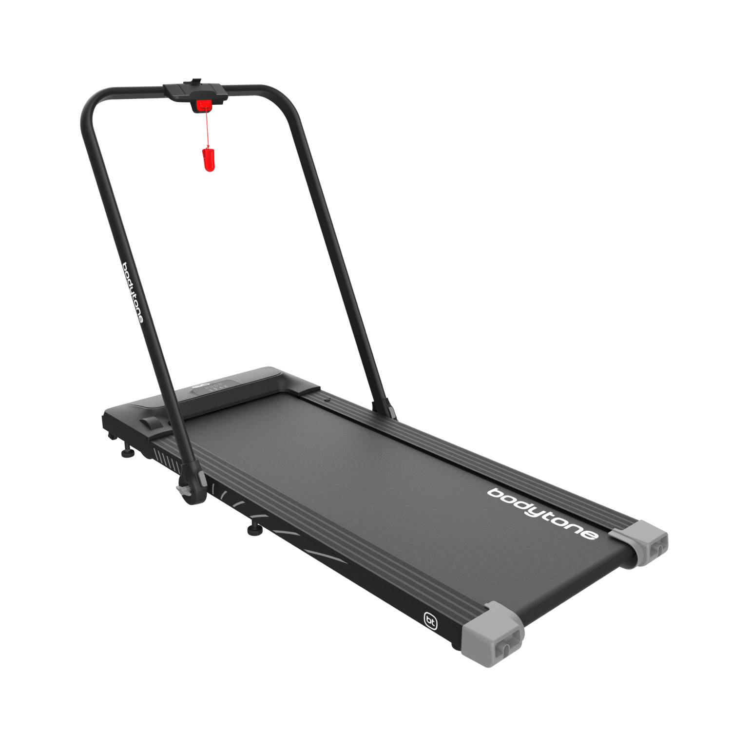 Tapis roulant Bodytone, nero e grigio. Ha una clip di sicurezza rossa. Isolato su sfondo bianco.